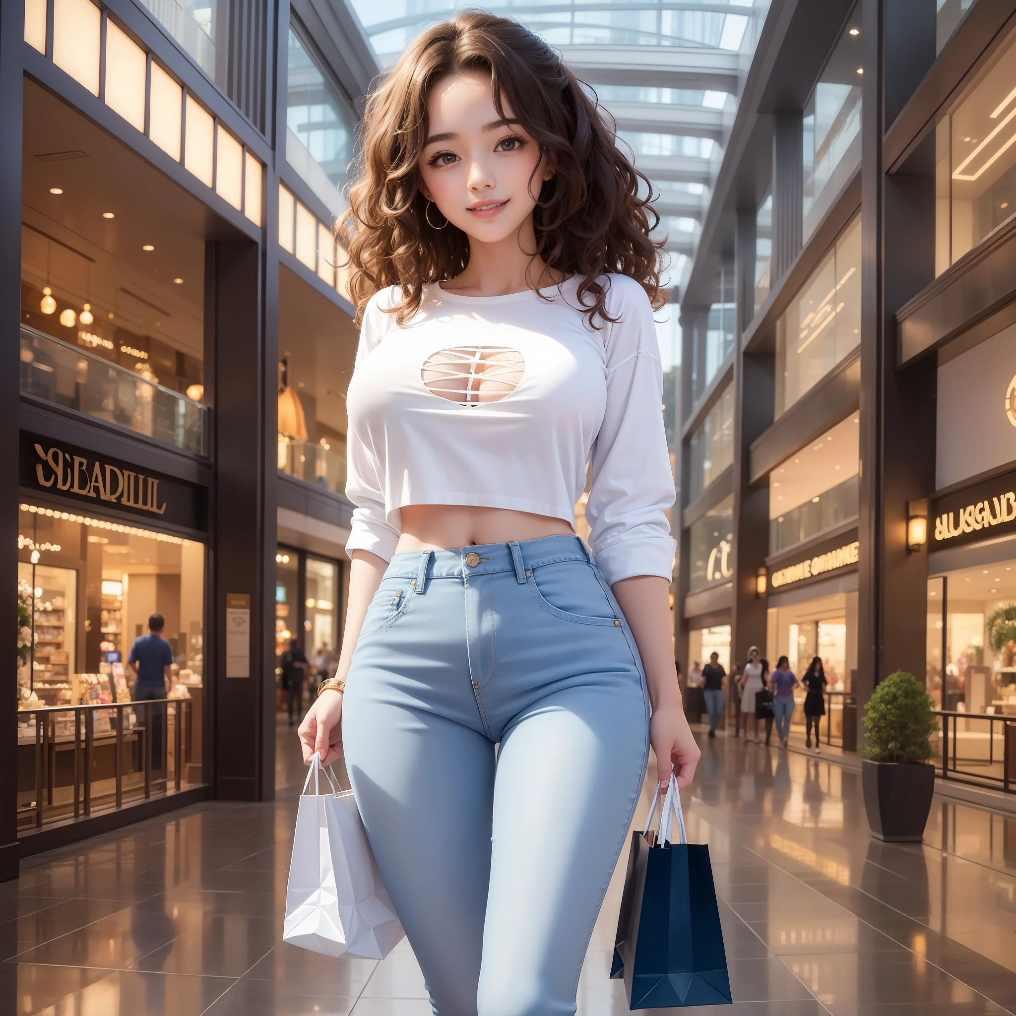 Masterpiece, best quality, super detailed,a beautiful girl,Curly hair, smile face,wearing white shirt and blue jeans, walking in the shopping malls, beautiful shopping malls background , detailed skin,8K, full body shot