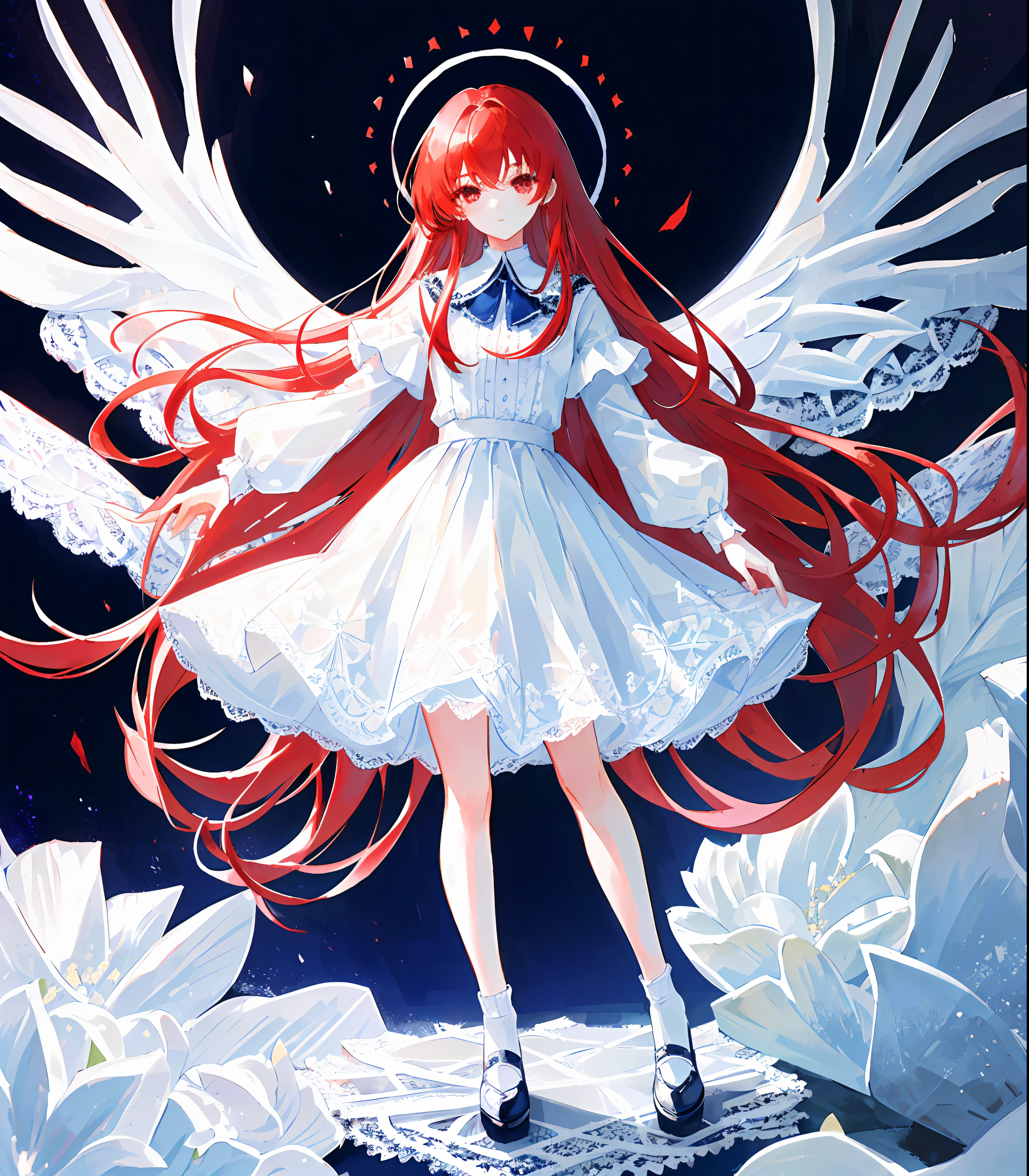 ((Masterpiece), (Best Quality), (Simple Style), White and Blue Skirt, Pleated Lace, Edward Lace Dress, Red Hair, Red Eyes, (Full Body Standing), (Hands at Sides)