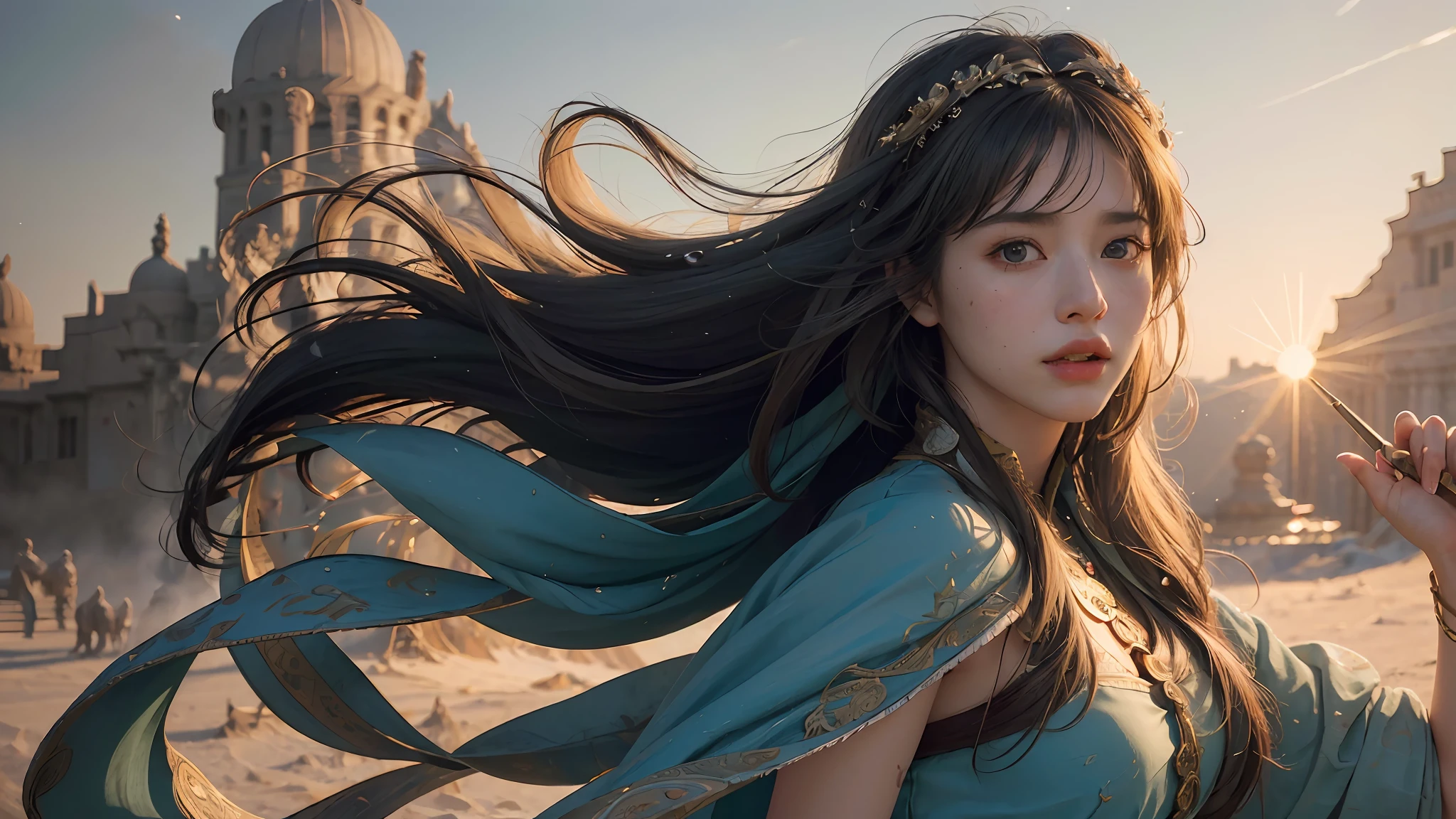 (RAW photo, best quality), (realistic, photo-realistic:1.3),best quality,highly detailed,masterpiece,ultra-detailed,illustration,1girl,upper_body,dynamic angle,world masterpiece theater,messy_long_hair,best quality,extremely detailed CG unity 8k wallpaper,ink,Amazing,cinematic lighting,lens_flare,,dunhuang_style