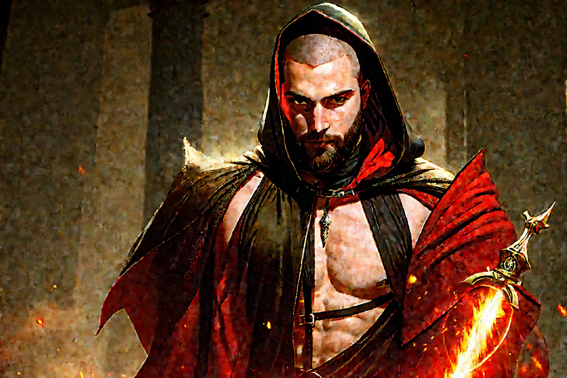 Young, torn clothes, black hooded cape, red gems embedded in the skin, buzzcut, tall, stout, heavy, bearded holding a dagger, middle ages rpg