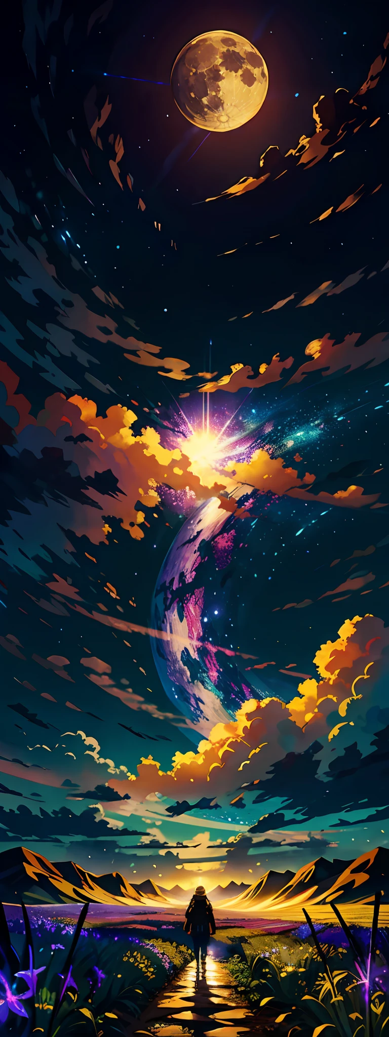 A wide landscape photo, (viewed from below, the sky is above, and the open field is below), a girl standing on a flower field looking up, (full moon: 1.2), (meteor: 0.9), (nebula: 1.3), distant mountains , Trees BREAK Crafting Art, (Warm Light: 1.2), (Firefly: 1.2), Lights, Lots of Purple and Orange, Intricate Details, Volumetric Lighting BREAK (Masterpiece: 1.2), (Best Quality), 4k, Ultra Detailed, (Dynamic Composition: 1.4), Rich in Detail and Color, (Rainbow Color: 1.2), (Glow, Atmospheric Lighting), Dreamy, Magical, (Solo: 1.2)
