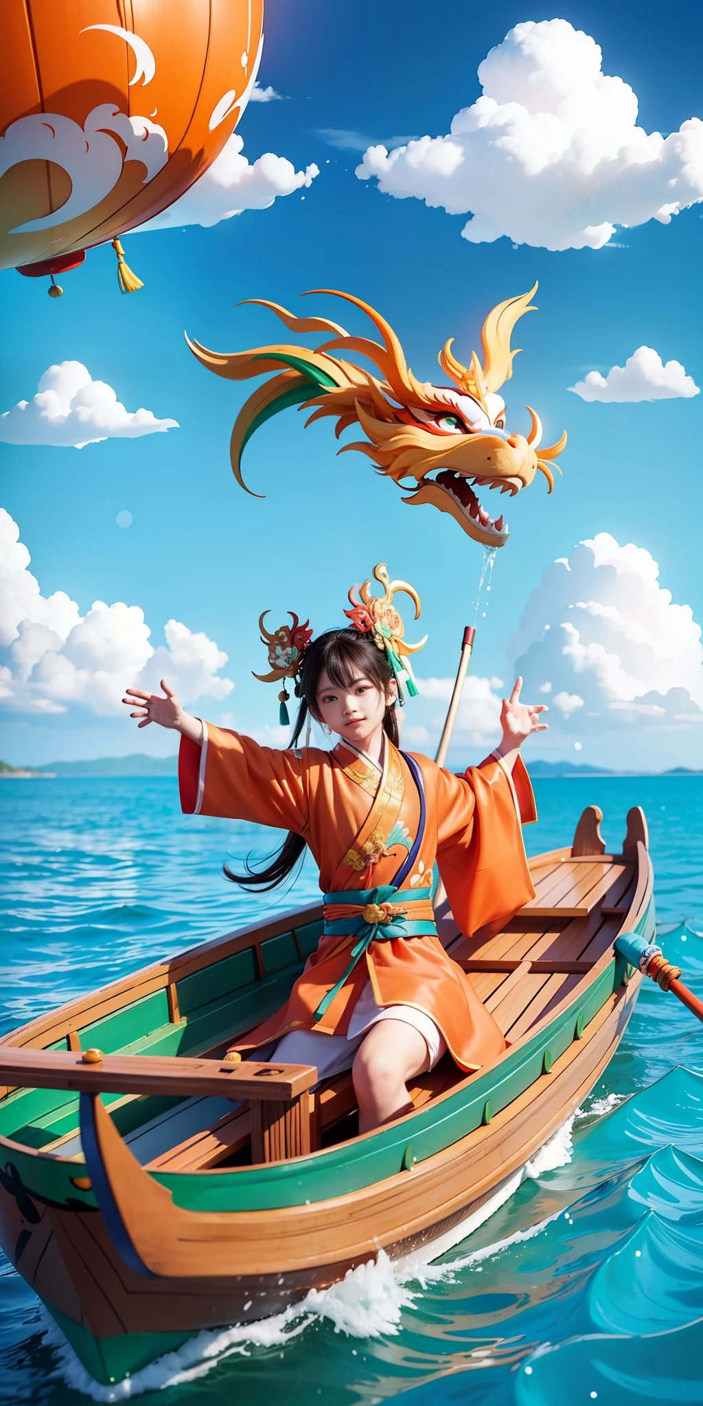 A cute Chinese boy is rowing a boat, a colorful Chinese dragon in the air, in the style of rendered in cinema4d, Low saturation,playful character designs, orange and green, Clean blue sky and white clouds,bloomcore, toycore, solid background,clean ackground,cinematic lighting,super details,8K,Ultimate