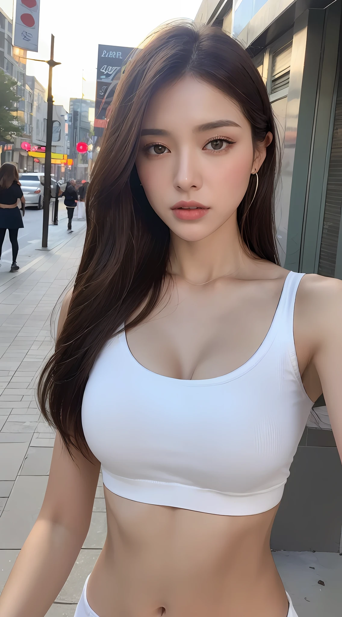 ((Realistic lighting, Best quality, 8K, Masterpiece: 1.3)), Clear focus: 1.2, 1girl, Perfect Figure: 1.4, Slim Abs: 1.1, ((Dark brown hair)), (White crop top: 1.4), (Outdoor, Night: 1.1), City streets, Super fine face, Fine eyes, Double eyelids,