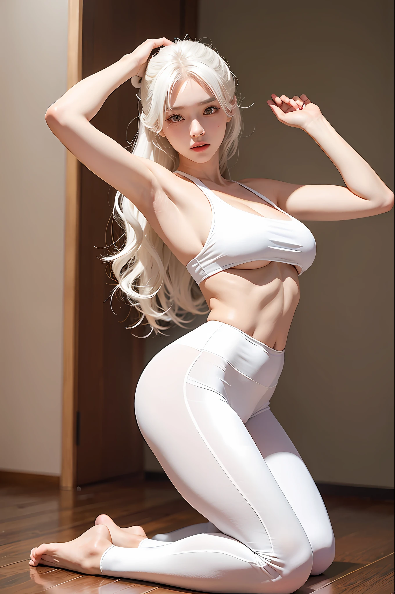 Realistic, high resolution, 1 girl, white wavy hair, Korean, heterochromic eyes, small moles under the eyes, loose white shirt, yoga pants, big breasts, long legs, tight abs, camel toes, dynamic pose