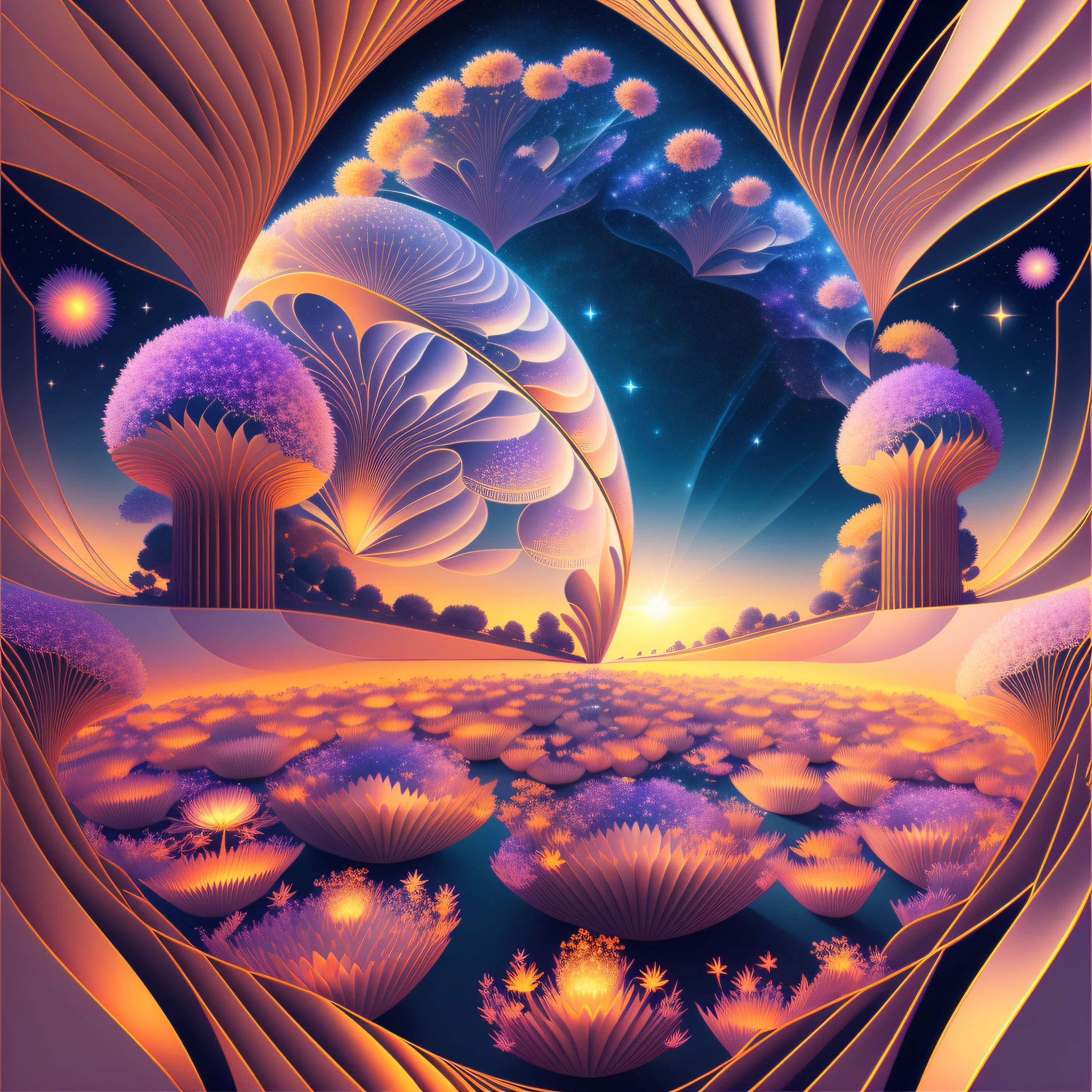 3d rendered florescence, cosmos, stars and sunlit gas canopy, in the style of futuristic digital art, vista, optical illusion paintings, thomas heatherwick, ominous vibe, illustration, 32k, UHD
