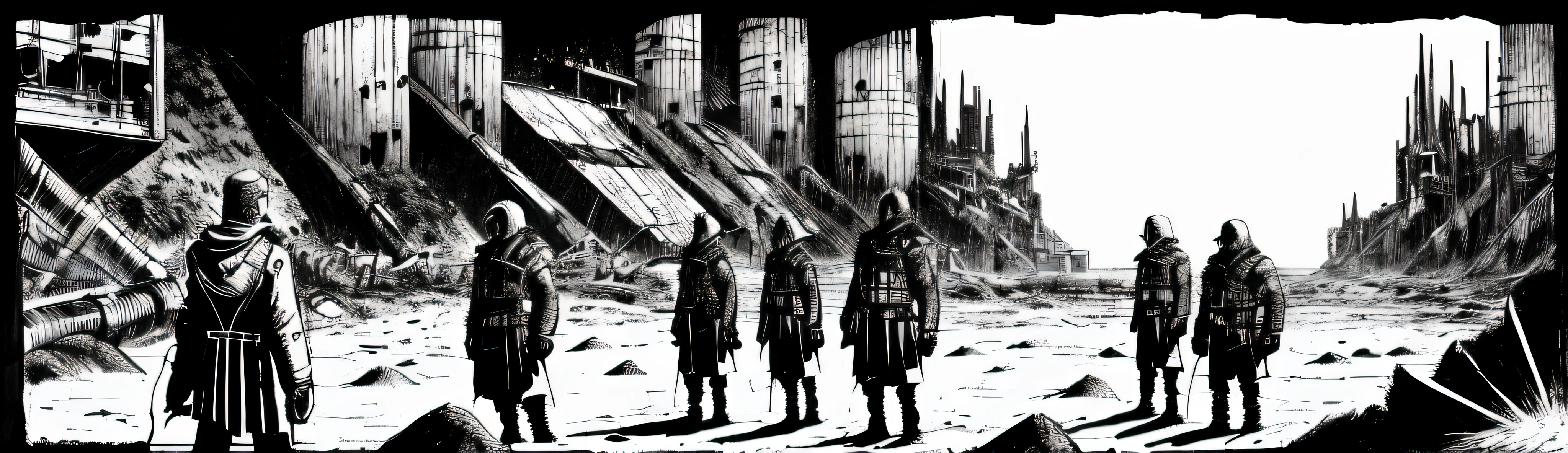 beach, animals, nature, science fiction, complex scene futuristic, happy, post-apocalyptic
dark, dim light, black-and-white, dark-scene, more-black
( ink sketch by Enki Bilal)((masterpiece, best quality, )),