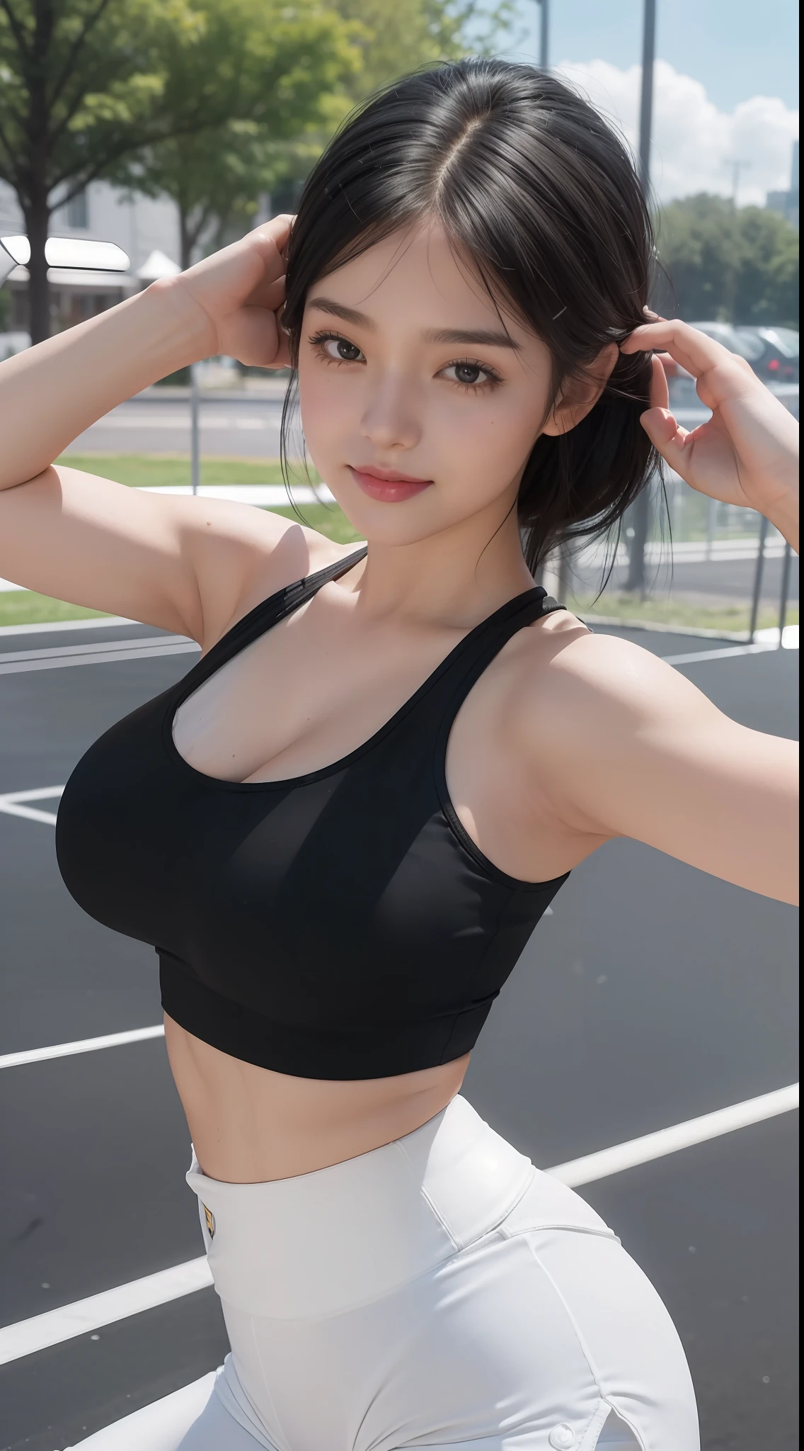 ((side face:1.2)), (upper body), 1girl, black sports bra, (white yoga short pants:1.4), (aegyo sal), large breasts, (light short twitails:1.2), ((puffy eyes)), looking away, [[smiling]], cute, full body, (running track), (dynamic pose), public, park, outdoors, (cameltoe, vulvashaped:1.25), best quality, ultra high res, (64k, RAW photo, best quality, masterpiece: 1.45), (realistic, photo-realistic:1.37),