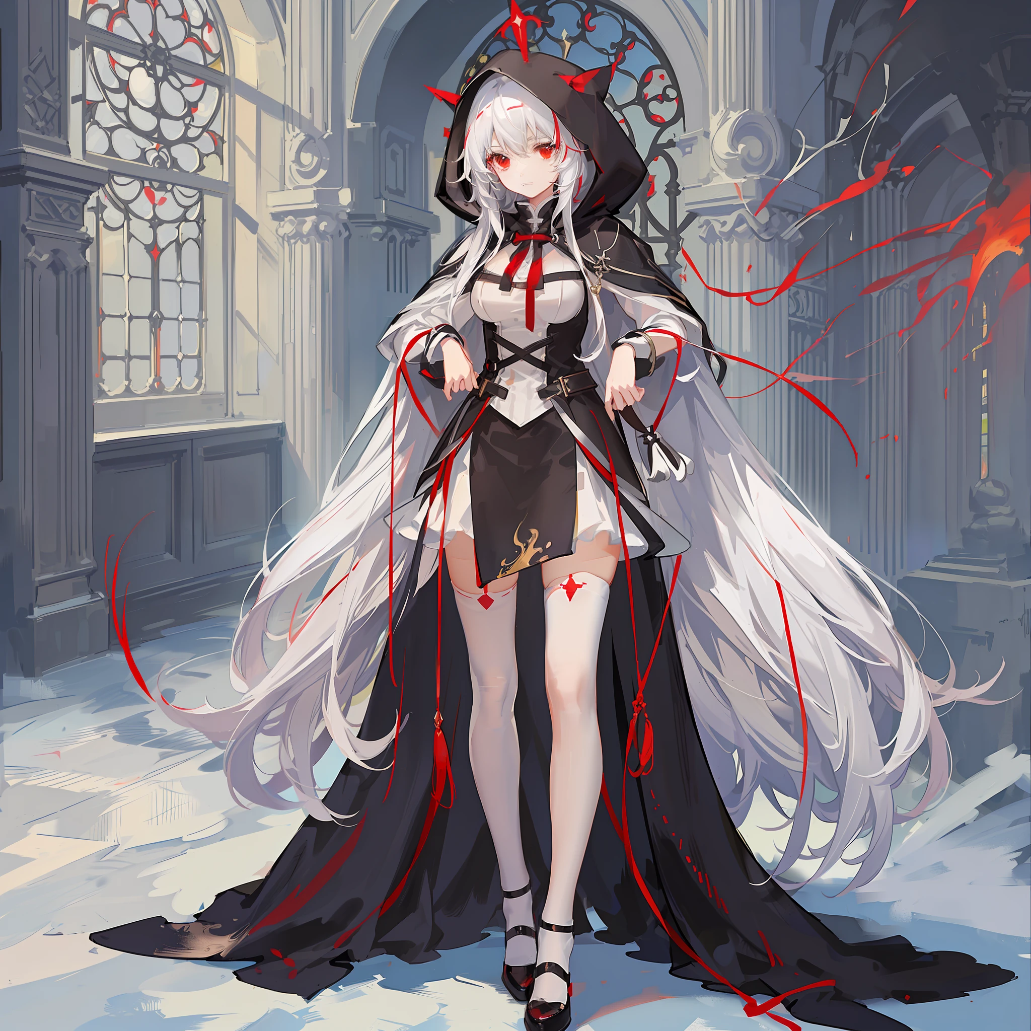 Maiden, white stockings, round red thread striped road black robe, hood, cape, red eyes, long white hair, faint smile, standing posture, full body, mage, holy girl