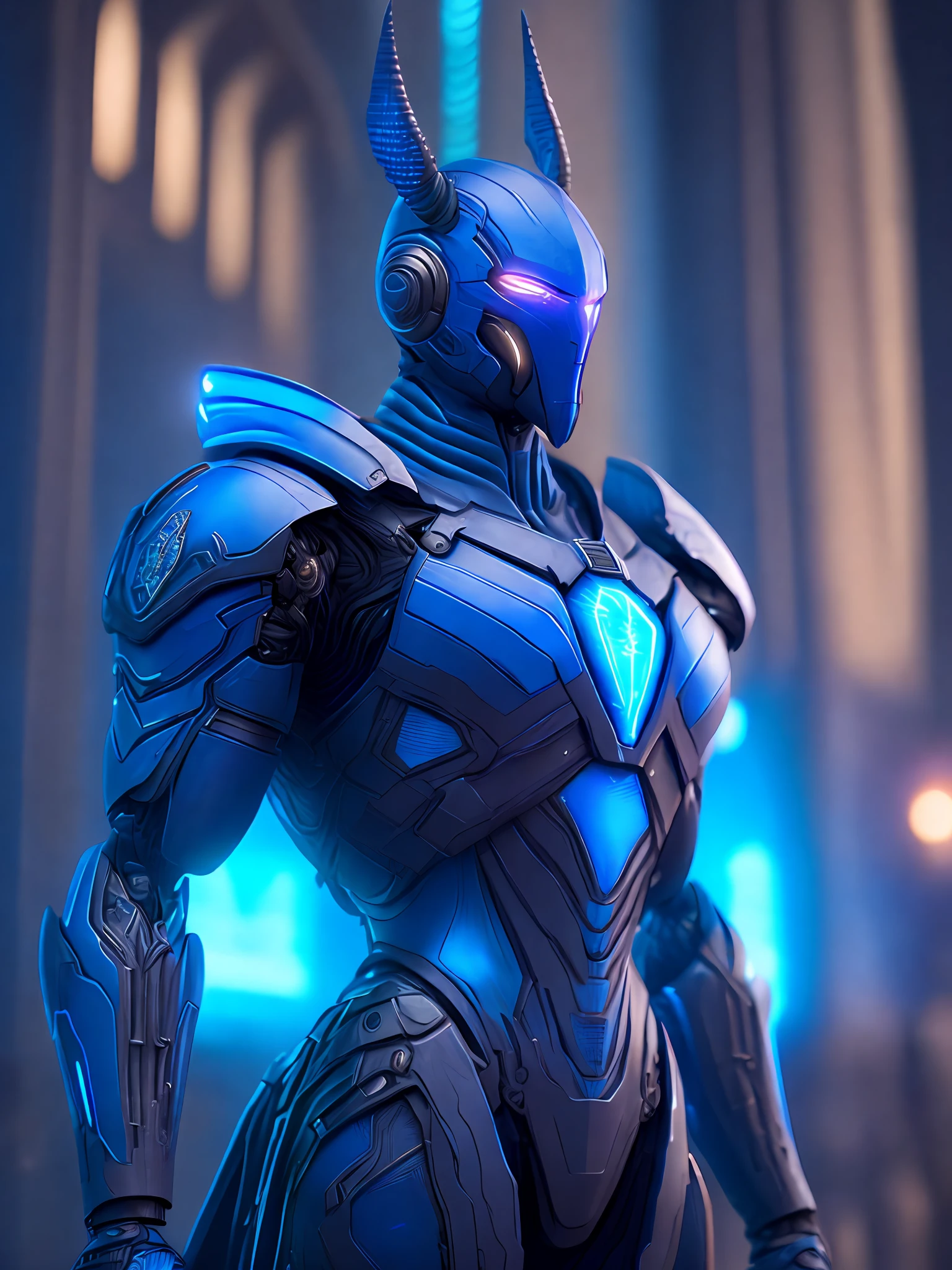 Portrait, Blue Beetle from DC, biomechanical, complex robot, full growth, hyper-realistic, insane small details, extremely clean lines, cyberpunk aesthetic, masterpiece featured at Zbrush Central, gothic brutalist cathedral, cyberpunk, award-winning photo, bokeh, neon lights, cybernetic limb