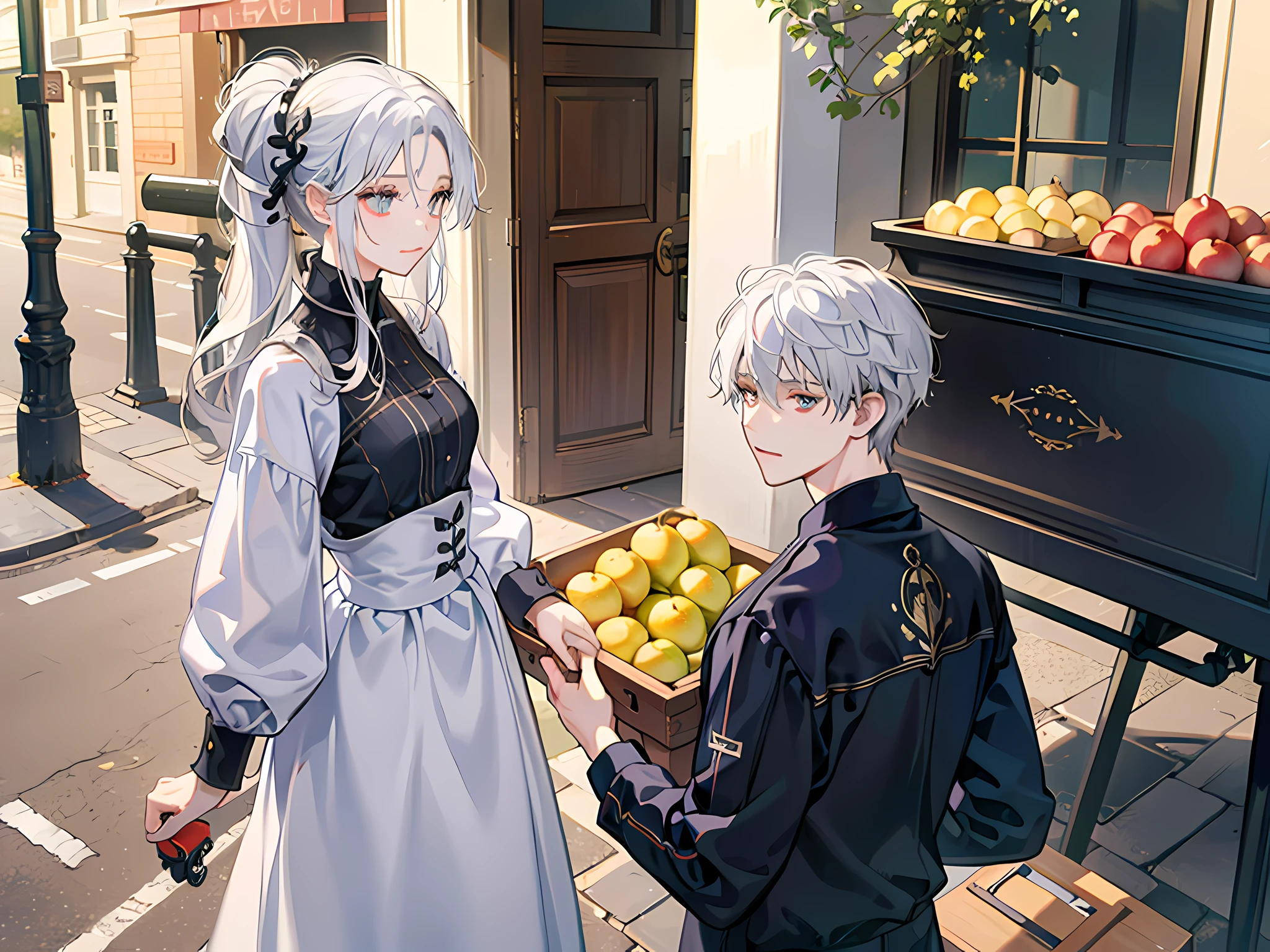 A woman, with long white hair, pulling a fruit cart, on the street, next to a man with short white hair