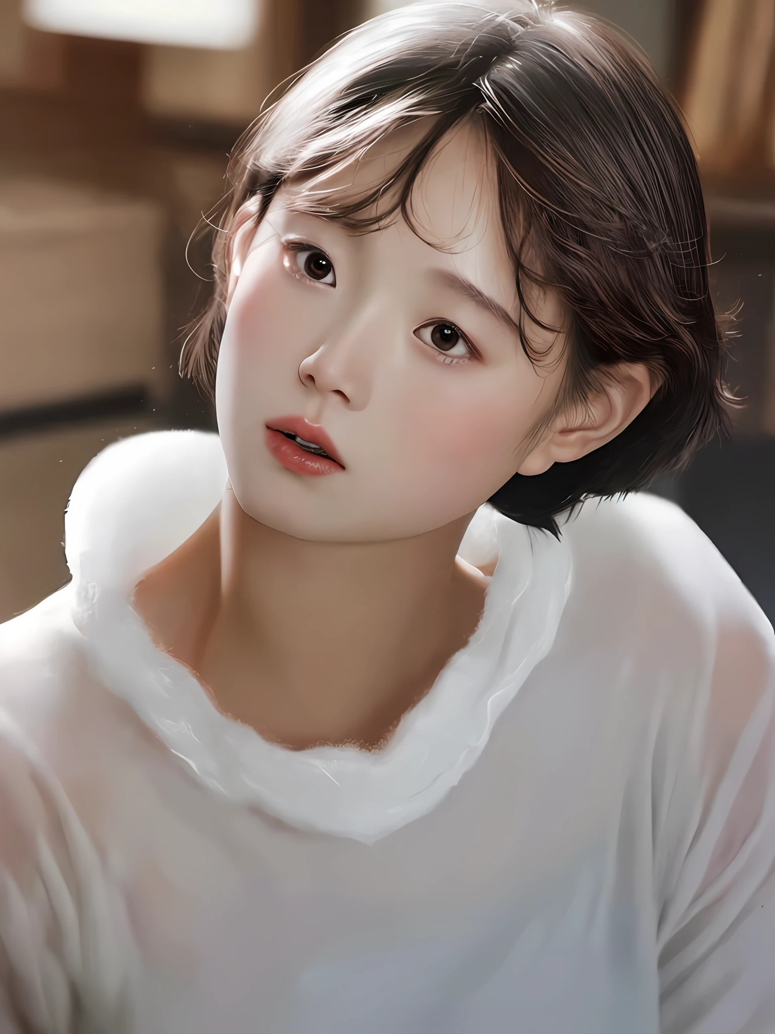 Close up portrait of a woman with short hair and white shirt, realistic painting by Xia Yong, tumblr, hyper-realism, Korean symmetrical face, Wang's adorable Korean face, beautiful delicate face, she has black hair with bangs, young adorable Korean face, round cheeks, young cute one asian face, Kwak Ji-young, very beautiful face, 14 years old