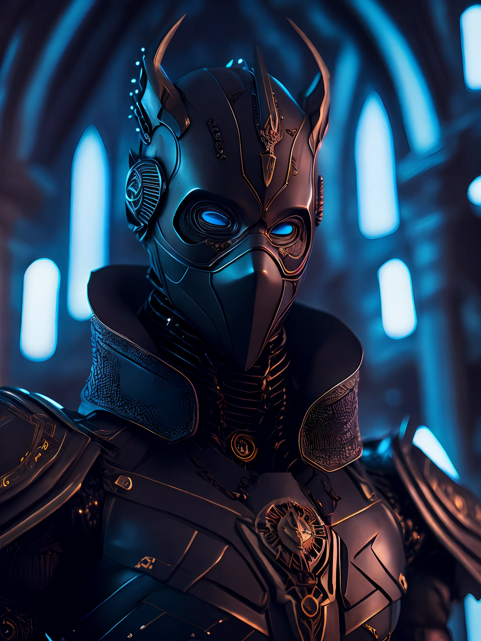 Portrait, Black Mask from DC, Biomechanical, Complex Robot, Full Growth, Hyper Realistic, Insane Small Details, Extremely Clean Lines, Cyberpunk Aesthetic, Masterpiece Featured at Zbrush Central, Gothic Brutalist Cathedral, Cyberpunk, Award-Winning Photo, Bokeh, Neon Lights, Cybernetic Limb