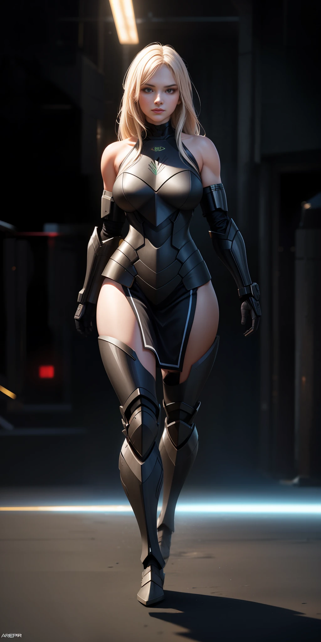Majestic, 25 yo girl, stealth armour dress, large breasts:1.3, Cyberprep, amigurumi, portrait, realistic face, photorealistic face, Zbrush rendering, motion blur, interactive, clean colors, Dreamcore, flashlight lighting, realistic dramatic lighting, highly detailed environment, cinematic quality, Redshift rendering, 4k, strong gaze, walking towards the camera, wide shoulders1:2, feminine, muscular