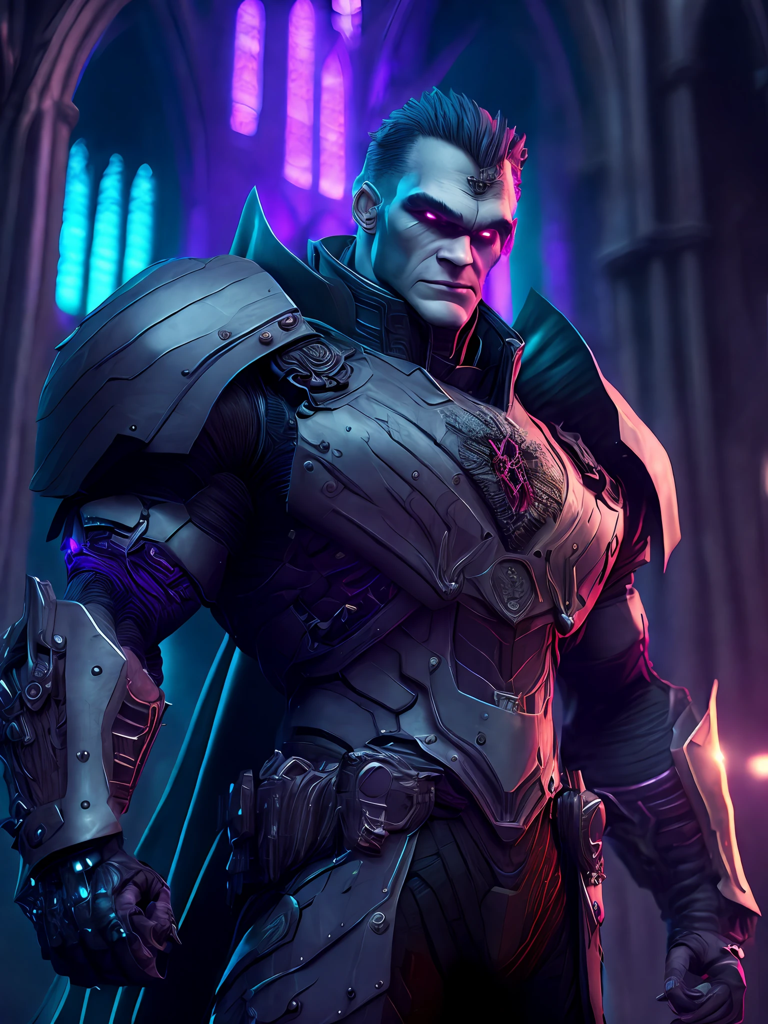 Portrait, Solomon Grundy from DC, biomechanical, complex robot, full growth, hyperrealistic, insane small details, extremely clean lines, cyberpunk aesthetic, masterpiece featured at Zbrush Central, gothic brutalist cathedral, cyberpunk, award-winning photo, bokeh, neon lights, cybernetic limb