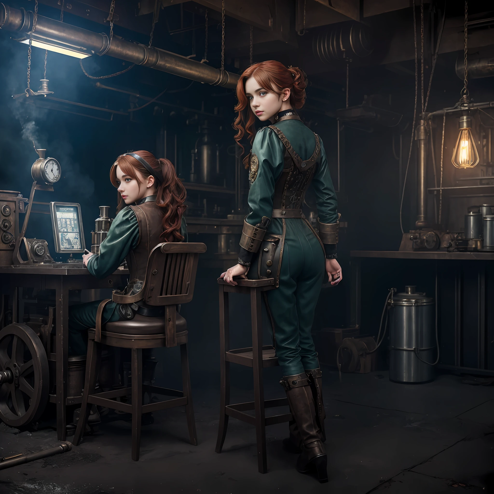 photorealistic, perfect anatomy, realistic character, hyper photorealism, very high contrast lighting, street photography, cinematic lighting, dramatic lighting, shot from the back, (((a girl on a chair is repairing a machine in the steamy smoky workshop))), (a 19 yo girl, (Ana de Armas:0.70), (redhead:1.1)), very cute, (perfect eyes:1.1), photorealistic wavy hair, a girl in a steampunk jumpsuit in light gray color, intercom headset, steampunk choker, long leather boots, perfect detailed face, detailed symmetric green eyes with circular iris, fixing a steam engine in the steampunk garage filled with steam and smoke, cogs and gears, steamy background with lots of steam pipes and steam valves and pressure gauges and gears, intricate background, very highly detailed costume, very highly detailed background, steampunk fantasy style, steampunk , steampunk aesthetic, steamy, smoky