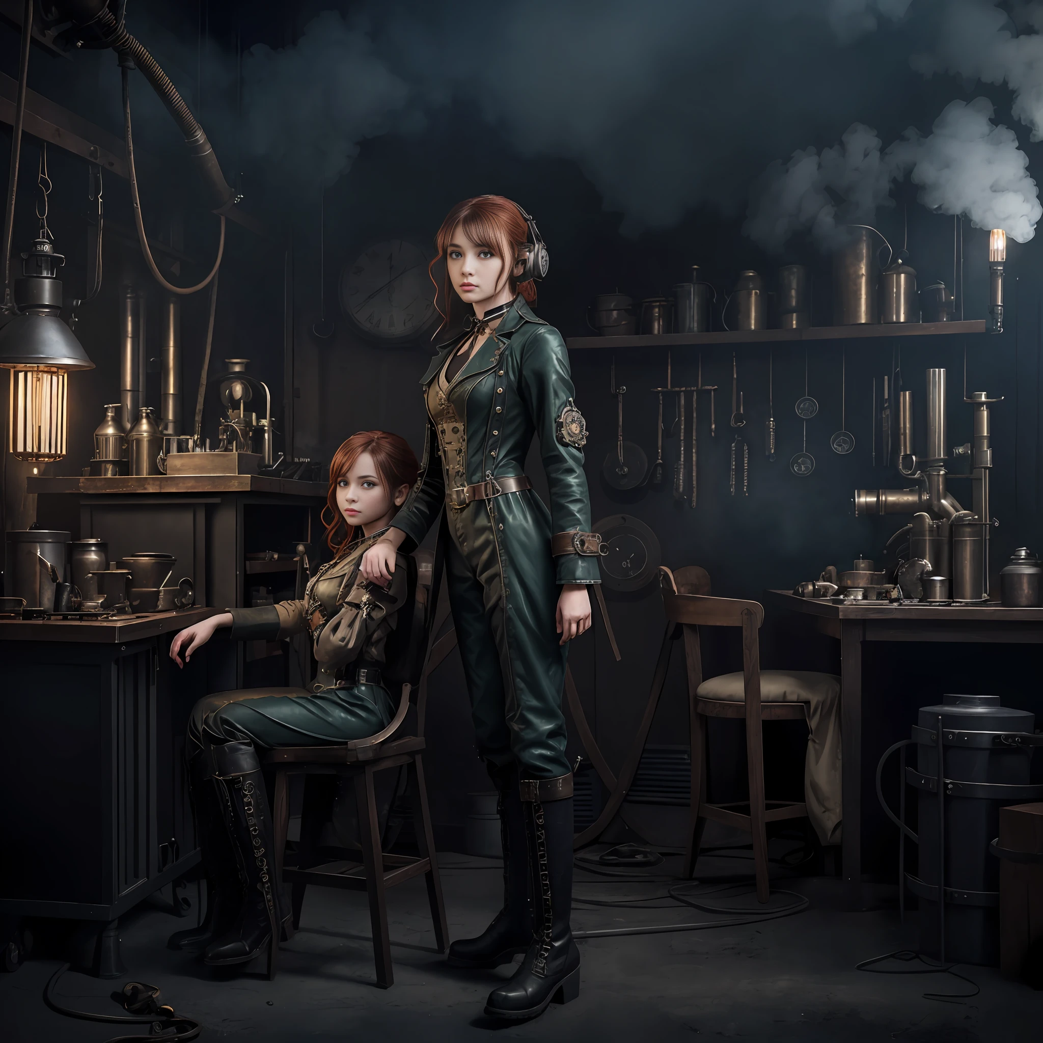 photorealistic, perfect anatomy, realistic character, hyper photorealism, very high contrast lighting, street photography, cinematic lighting, dramatic lighting, shot from the back, (((a girl on a chair is repairing a machine in the steamy smoky workshop))), (a 19 yo girl, (Ana de Armas:0.70), (redhead:1.1)), very cute, (perfect eyes:1.1), photorealistic wavy hair, a girl in a steampunk jumpsuit in light gray color, intercom headset, steampunk choker, long leather boots, perfect detailed face, detailed symmetric green eyes with circular iris, fixing a steam engine in the steampunk garage filled with steam and smoke, cogs and gears, steamy background with lots of steam pipes and steam valves and pressure gauges and gears, intricate background, very highly detailed costume, very highly detailed background, steampunk fantasy style, steampunk , steampunk aesthetic, steamy, smoky