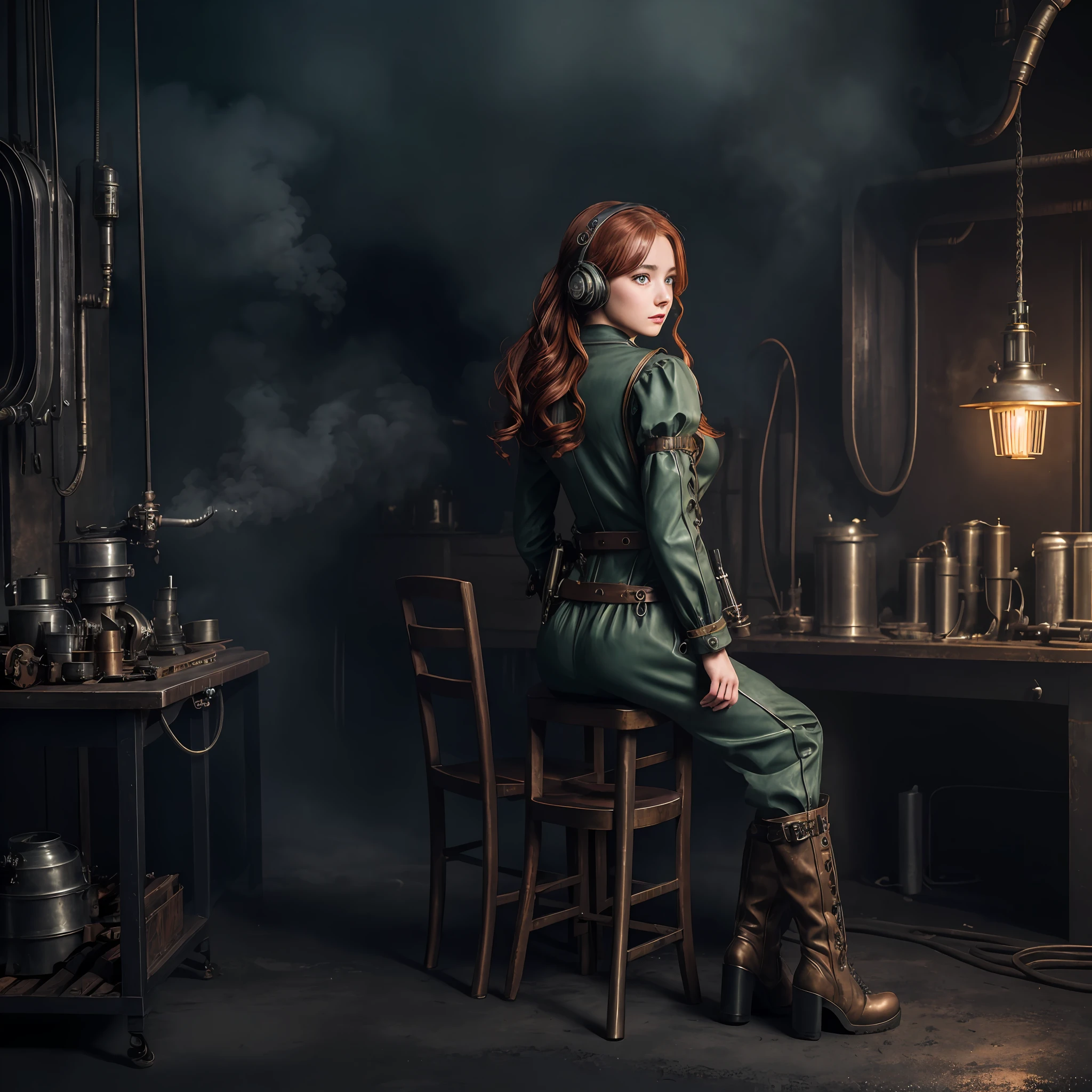 photorealistic, perfect anatomy, realistic character, hyper photorealism, very high contrast lighting, street photography, cinematic lighting, dramatic lighting, shot from the back, (((a girl on a chair is repairing a machine in the steamy smoky workshop))), (a 19 yo girl, (Ana de Armas:0.70), (redhead:1.1)), very cute, (perfect eyes:1.1), photorealistic wavy hair, a girl in a steampunk jumpsuit in light gray color, intercom headset, steampunk choker, long leather boots, perfect detailed face, detailed symmetric green eyes with circular iris, fixing a steam engine in the steampunk garage filled with steam and smoke, cogs and gears, steamy background with lots of steam pipes and steam valves and pressure gauges and gears, intricate background, very highly detailed costume, very highly detailed background, steampunk fantasy style, steampunk , steampunk aesthetic, steamy, smoky