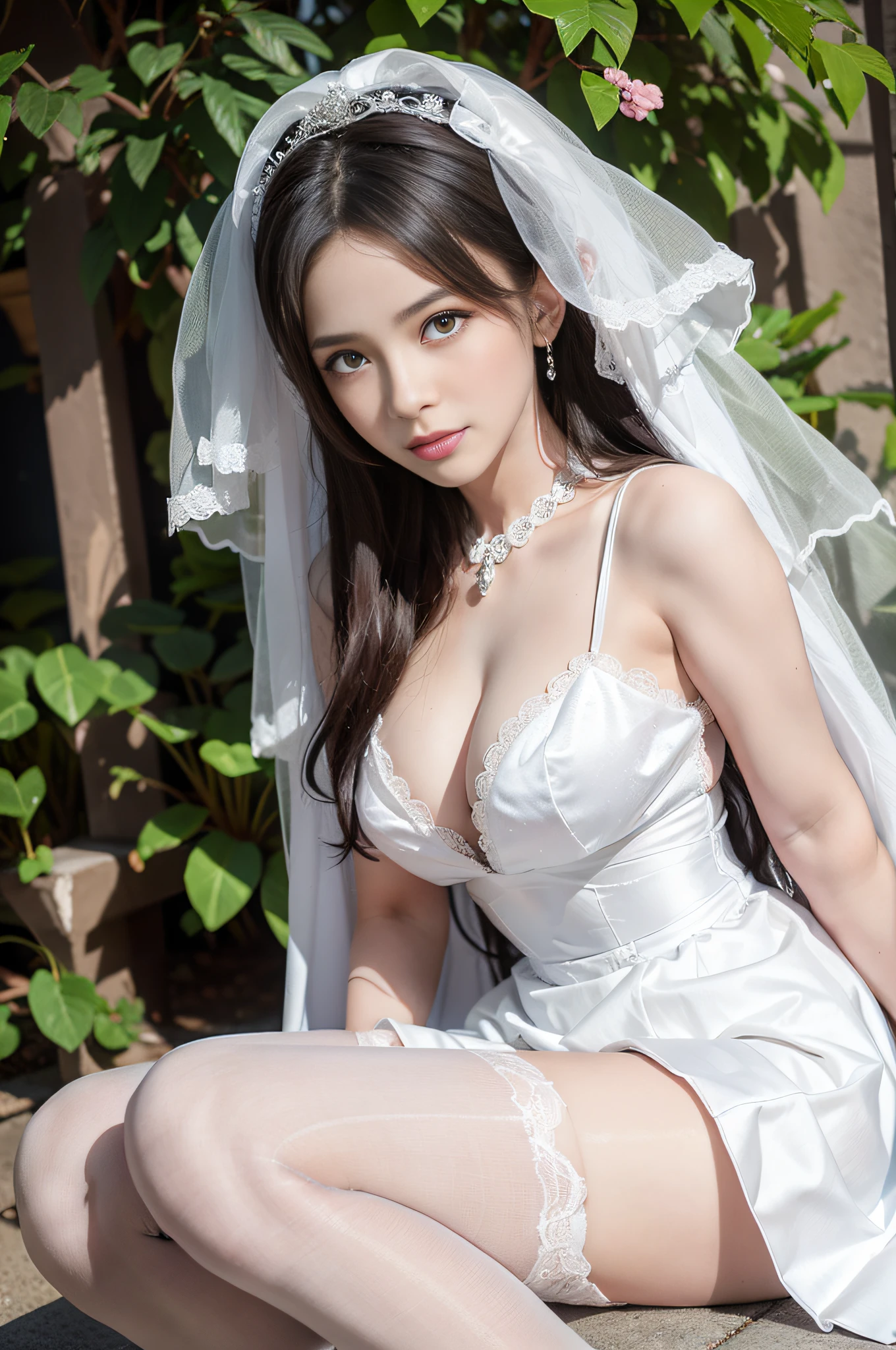 There is a woman in a white dress and veil posing for a photo, a portrait of a magical Lolita girl, anime girl cosplay, cat boy cosplay! Maid! dress, loli, lolita fashion, anime cosplay, magical girl style, loli in dress, lolita style, beautiful delfin, angelic pretty, white, maid dress, cosplay photo, medium breasts, beautiful legs, glossy white stockings, lace suspender stockings through the skin, full body photo, 70-200mm, wedding dress, white wedding dress, western wedding dress