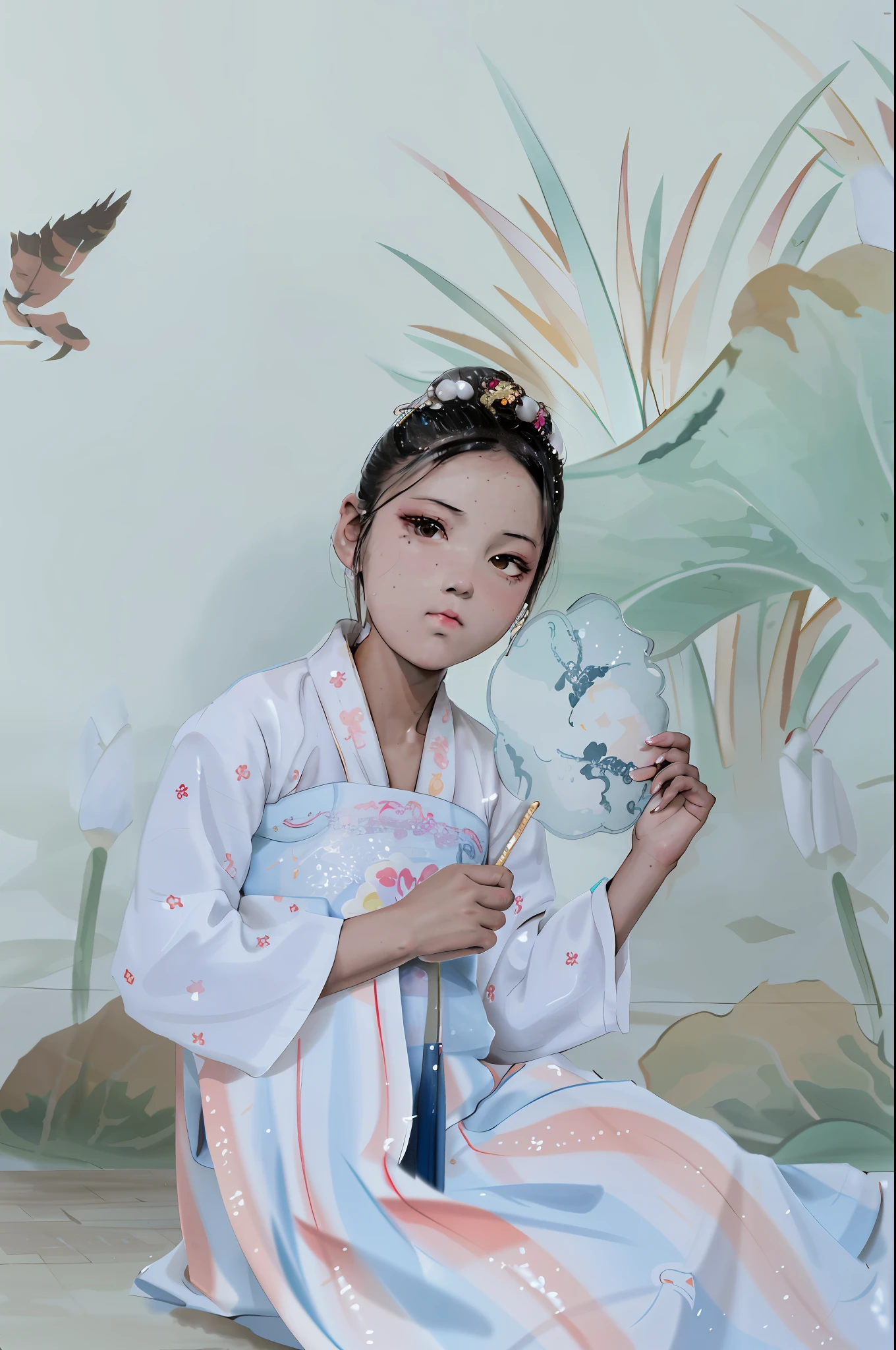 there is a young girl sitting on the ground holding a fan, palace , a girl in hanfu, wearing ancient chinese clothes, chinese girl, with acient chinese clothes, traditional chinese clothing, chinese costume, young asian girl, traditional chinese, traditional tai costume, chinese princess, white hanfu, inspired by Hua Yan, portrait picture, chinese style painting