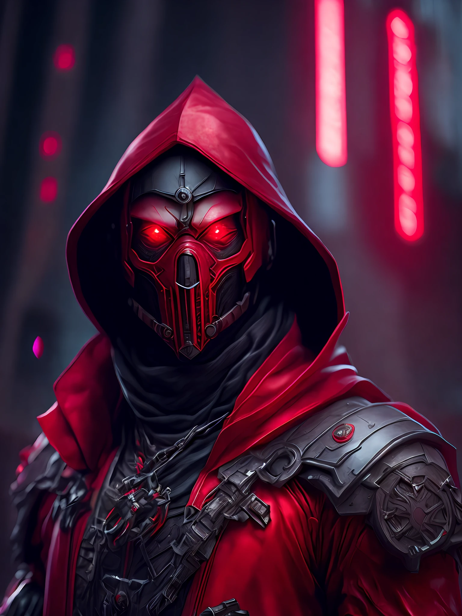 Portrait, Zombie Red Hood from DC, biomechanical, complex robot, full growth, hyperrealistic, insane small details, extremely clean lines, cyberpunk aesthetic, masterpiece featured on Zbrush Central, gothic brutalist cathedral, cyberpunk, award-winning photo, bokeh, neon lights, cybernetic limb