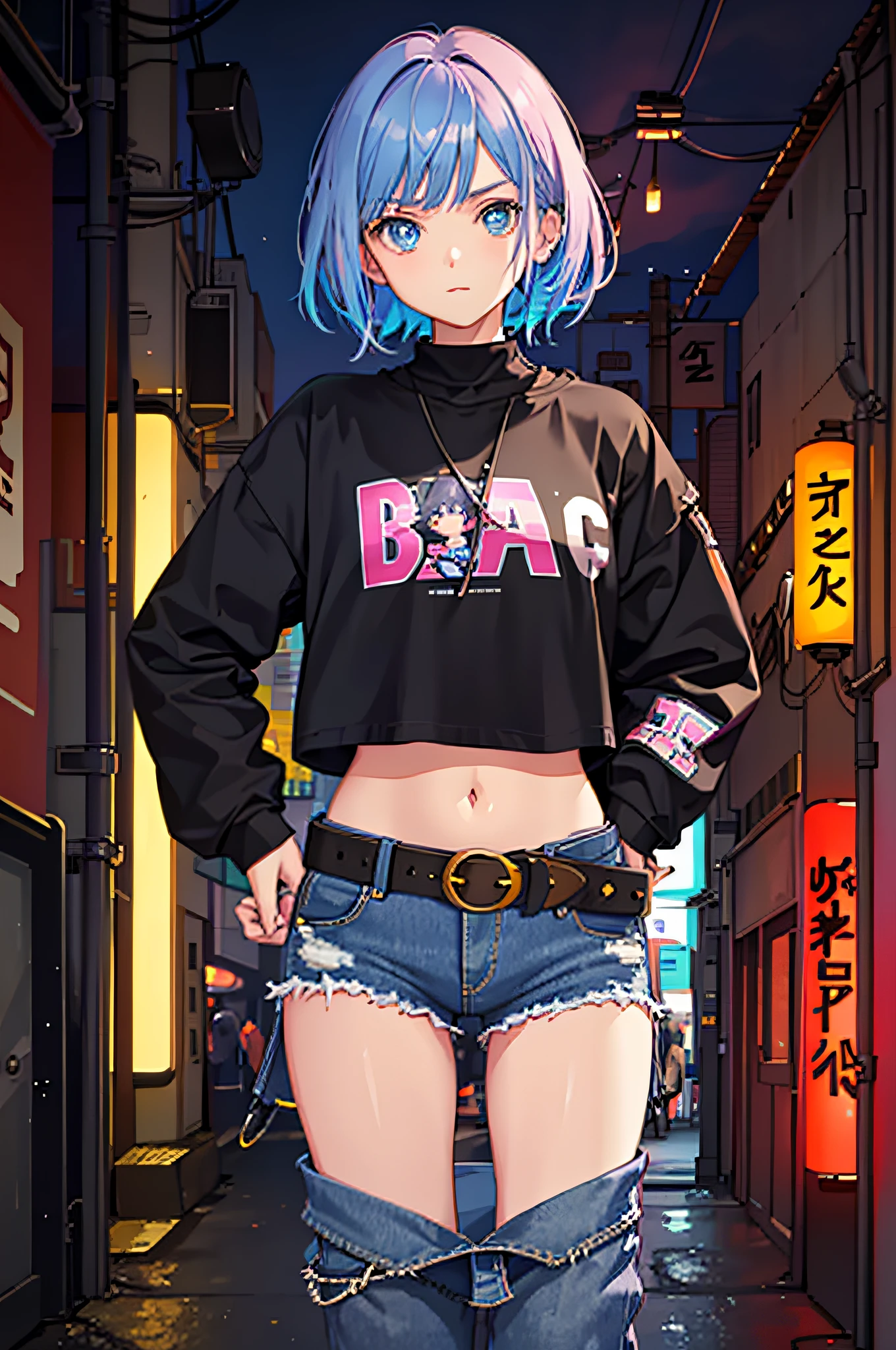 1 girl, denim, belly button, small breasts, belt buckle, street snap, cyberpunk japan background, neon sign