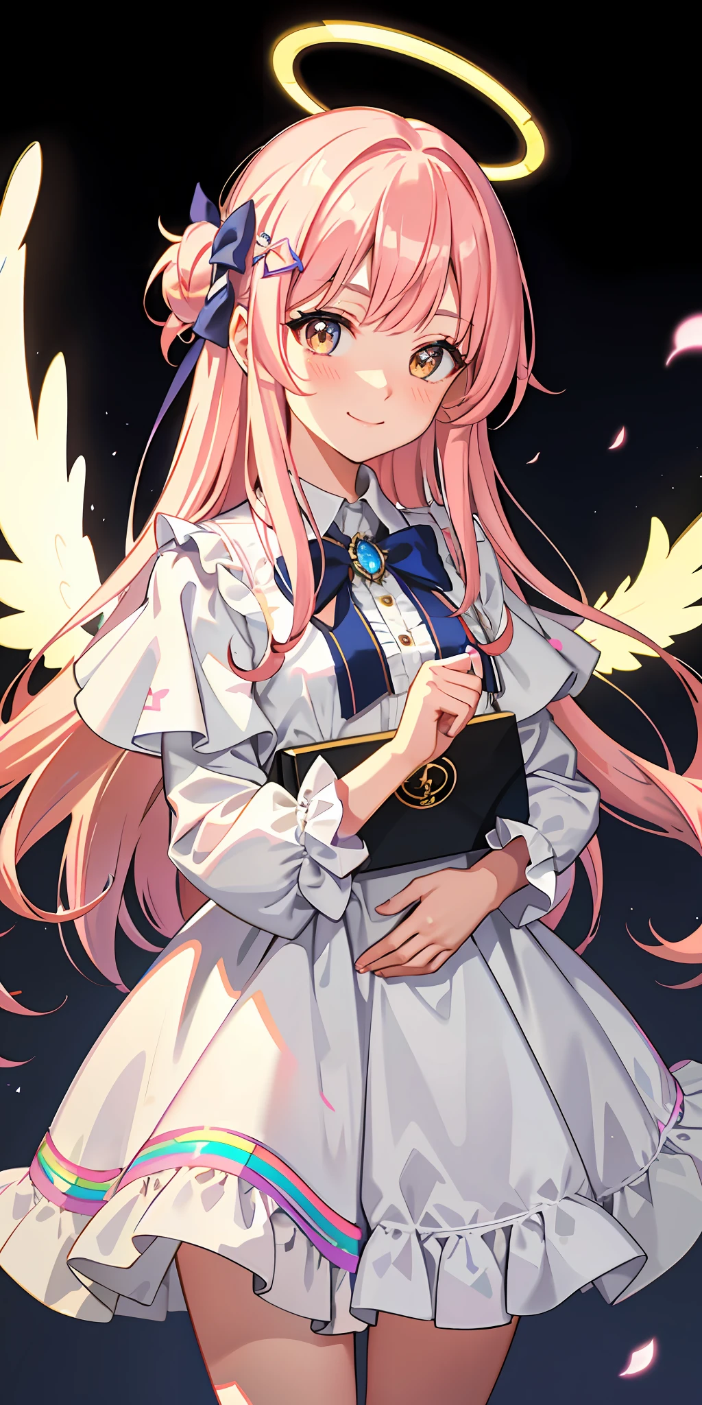 1 girl, bright, colorful hair, saleme, head mask, side lights, light particles, wallpaper, big, plump, plump idol, loose, fluffy, quiet, smile, cute, mature, gentle, clear, sexy, ((disheveled hair)), (beautiful white young girl), beautiful eyes, hair between eyes, asymmetrical bangs, hair behind the ears, hair on one eyebrow, delicate facial features, Urban_ Fantasy, Alchemist, ((Delicate and Beautiful)), (Fantasy), ((Rainbow)), (Liquid), Best Shadows, Lens Flare, Pastel Colors, Masterpiece, High Quality, High Resolution, Ridiculous, Micah, Only Child, Halo, Wings, Bangs, Yellow Eyes, Pink Hair, Long Hair, Hair Flower, Hair Ornament, White Dress, Scrunchie, Capelet, Blue Bow Tie, Beholder, Solo, Close Up, blush, smile