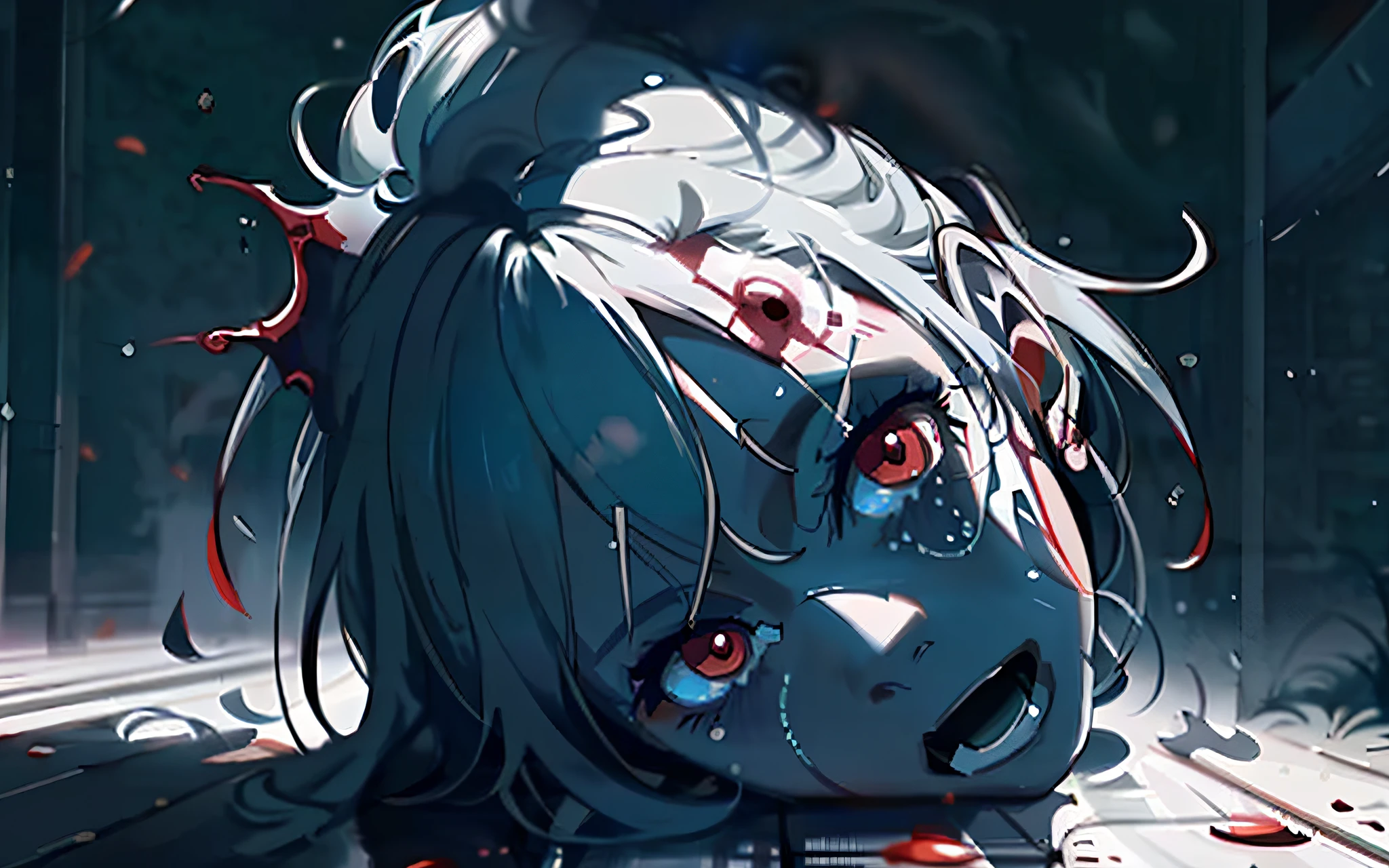 anime girl with white hair and red eyes laying on the ground, kawacy, detailed digital anime art, guweiz, clean detailed anime art, digital anime art, cushart, by Yuumei, digital anime illustration, guweiz on pixiv artstation, screenshot from guro anime, beautiful anime artwork, stunning anime face portrait