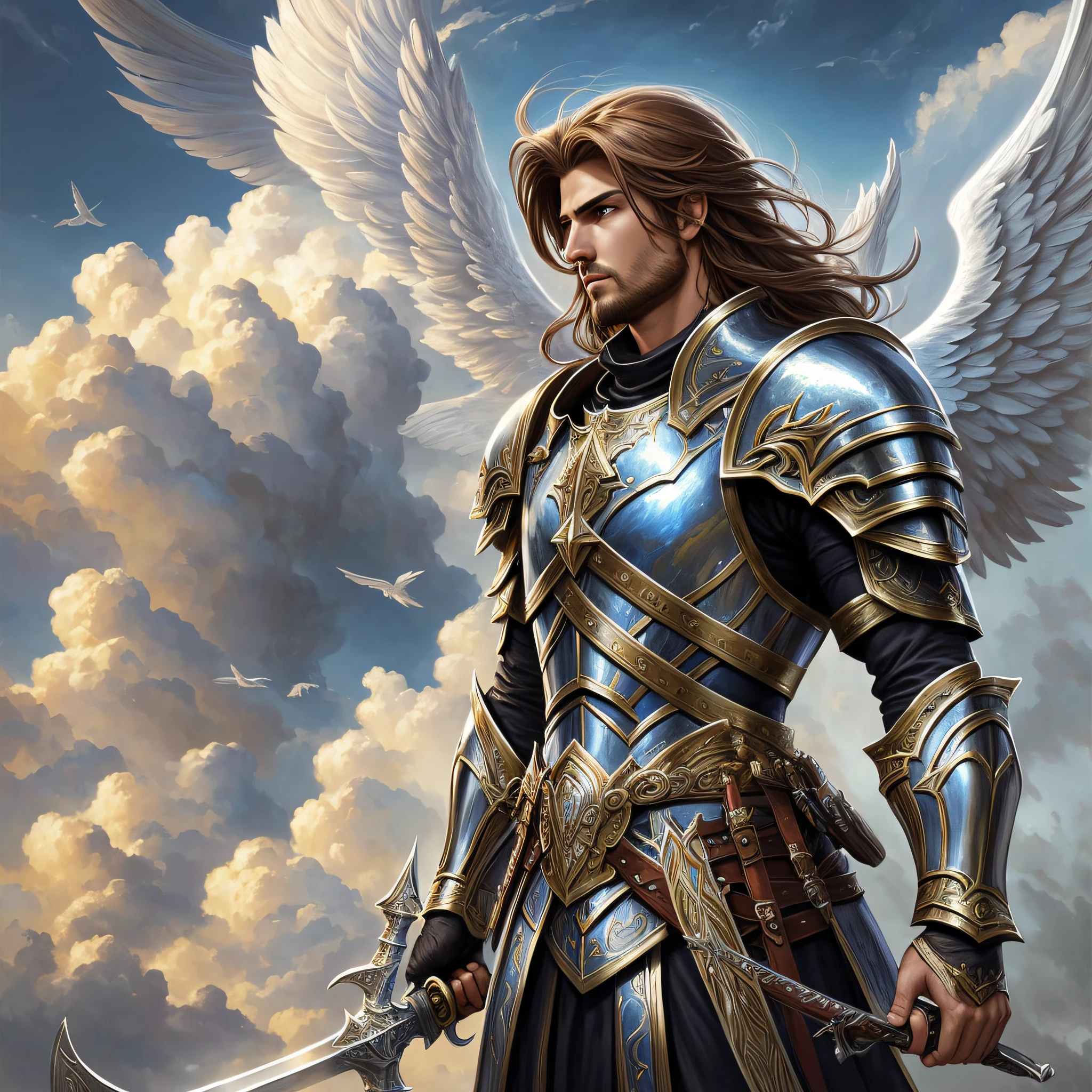 cabelos castanho claros, haired male with sword and wings in front of a cloudy sky, archangel michael, archangel, saint michael the angel, epic fantasy digital art style, artgerm. high detail, angel in plastic armor, fantasy male portrait, angelic, fantasy art behance, detailed digital 2d fantasy art, by Yang J, holy paladin, epic fantasy art style hd, pintura a oleo --auto --s2