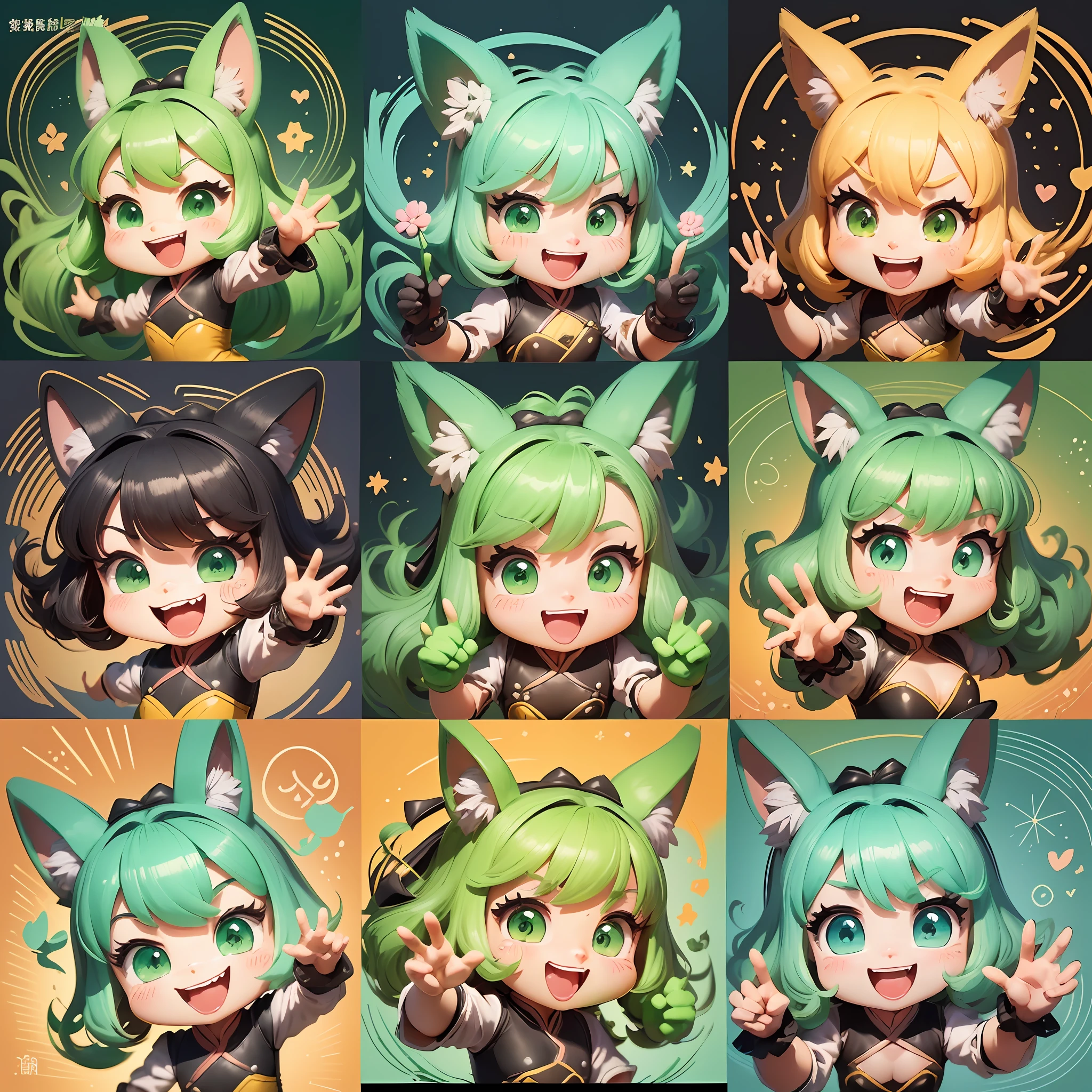 (bold cartoon style，A set of illustrations，Detailed sketches）*1.2，(dynamic poses,Multiple expressions,Happy, joyful and lovely), (Cute little bunny,Light green,Han dynasty)，() --auto --s2