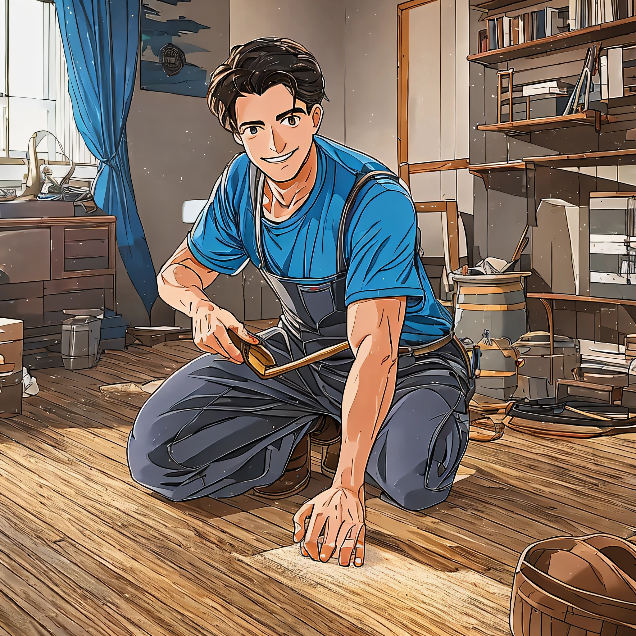 A craftsman who is repairing flooring in the living room of an apartment is working with a smile. --auto --s2