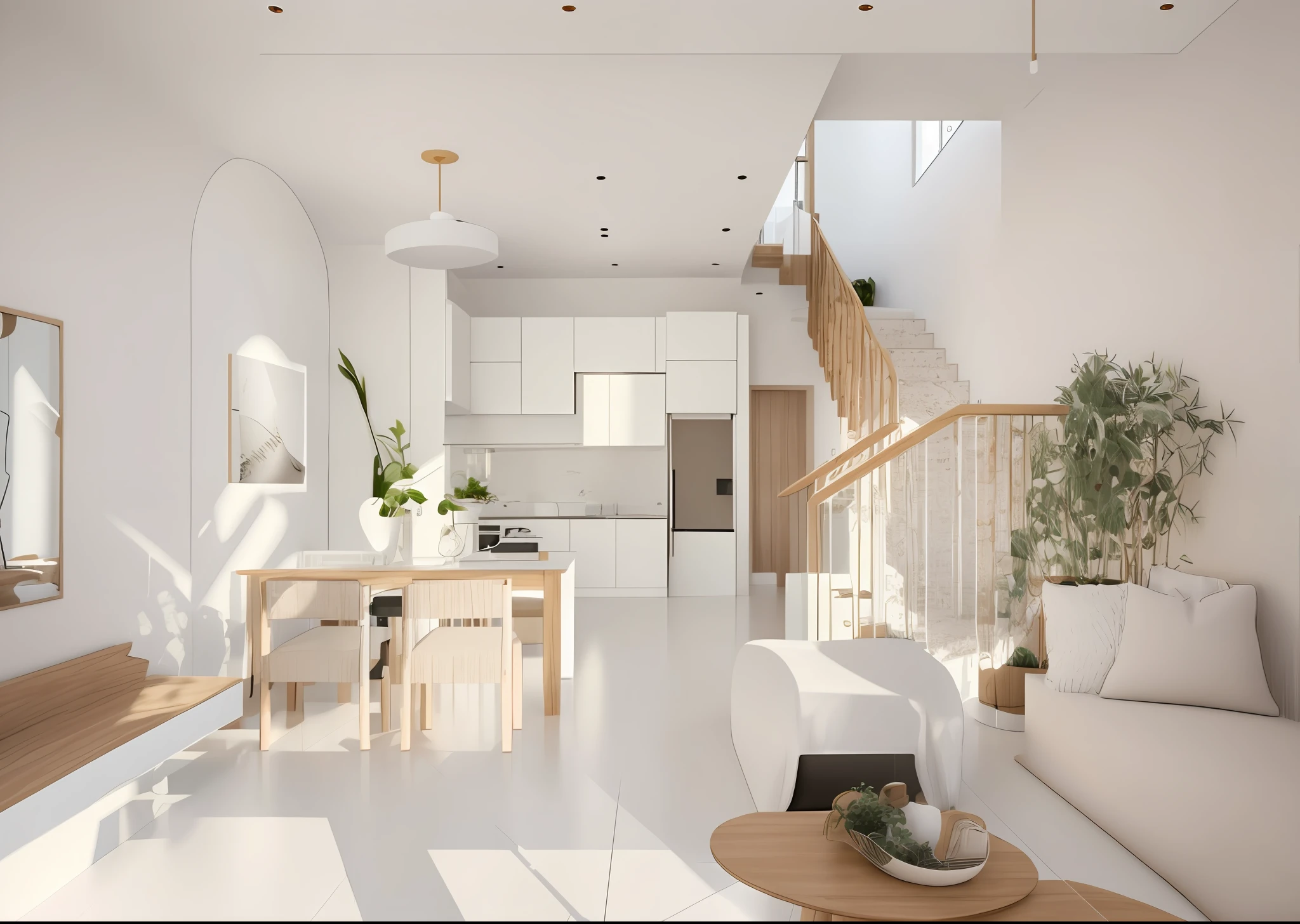 a living room with creamy white sofa, wooden rails for stair, wooden kitchen, white wall,white ceramic for floor,   archviz, bright render, precise architectural rendering, artistic render, interior architecture view, rendered in corona, render vray, highly photographic render, architectural rendering, cg rendering, high render, a photorealistic rendering, high-quality render, professional render, house interior, highly detailed render