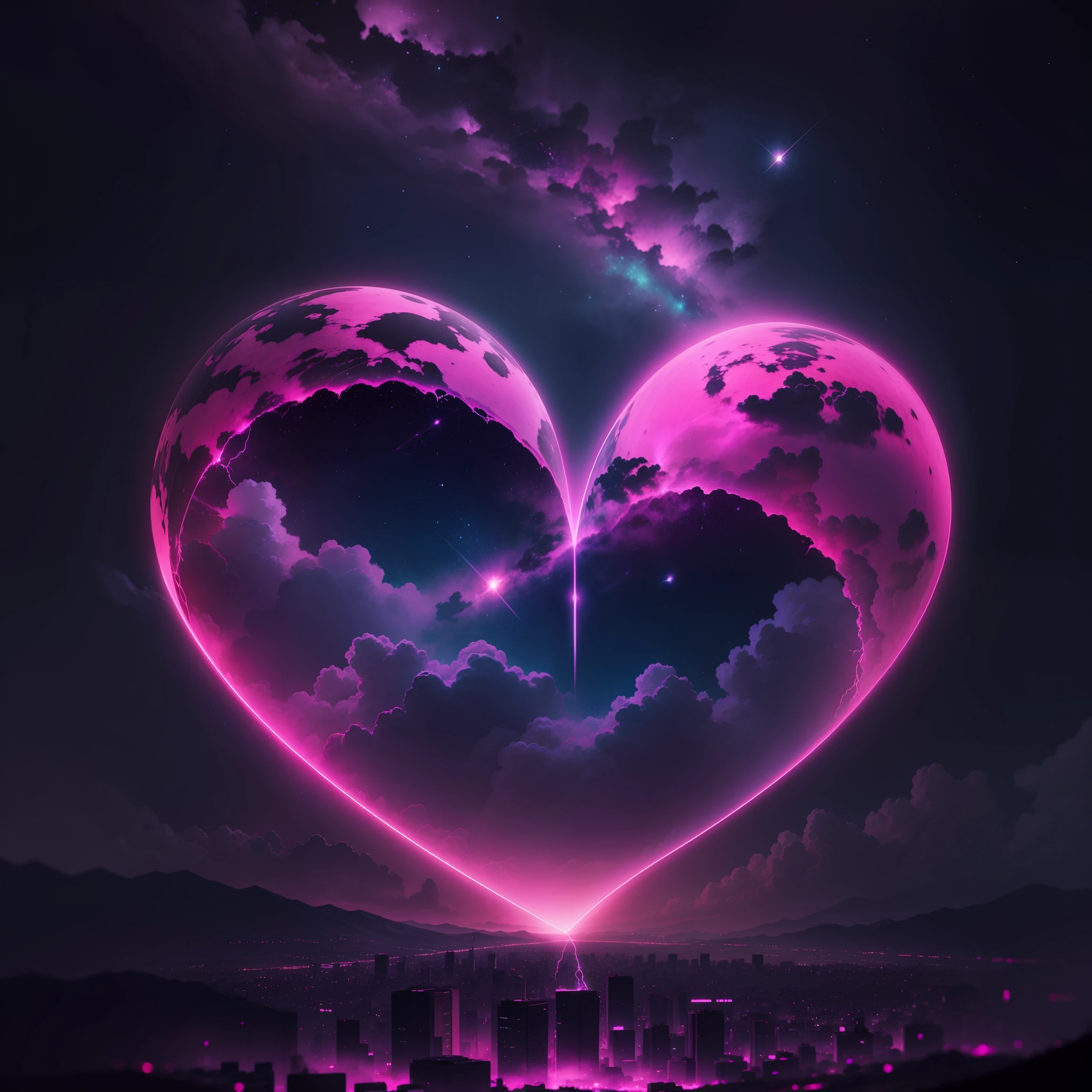 pink neon broken hearts in night sky