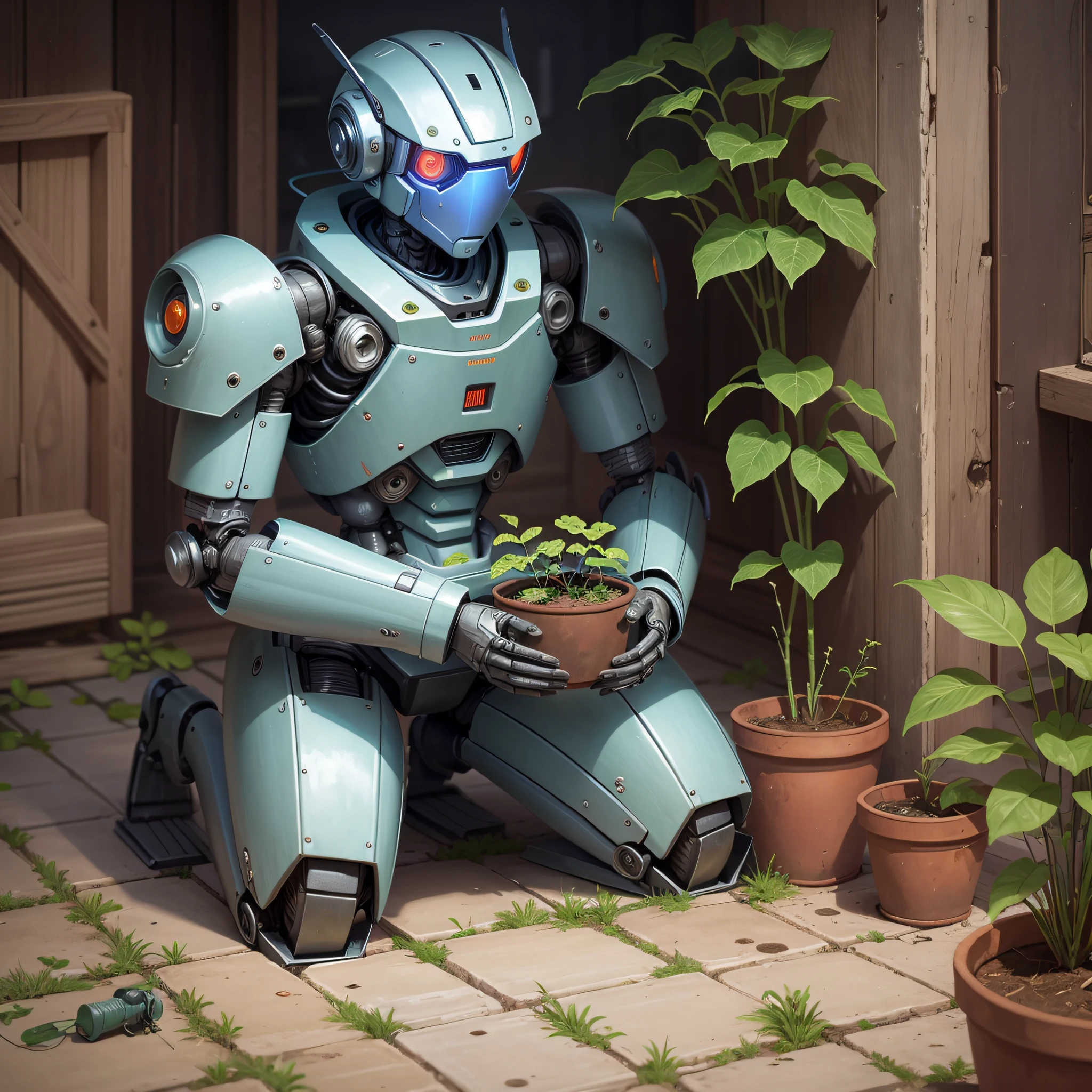 An aging robot, kneeling in front of a pot of flower seedlings --auto --s2