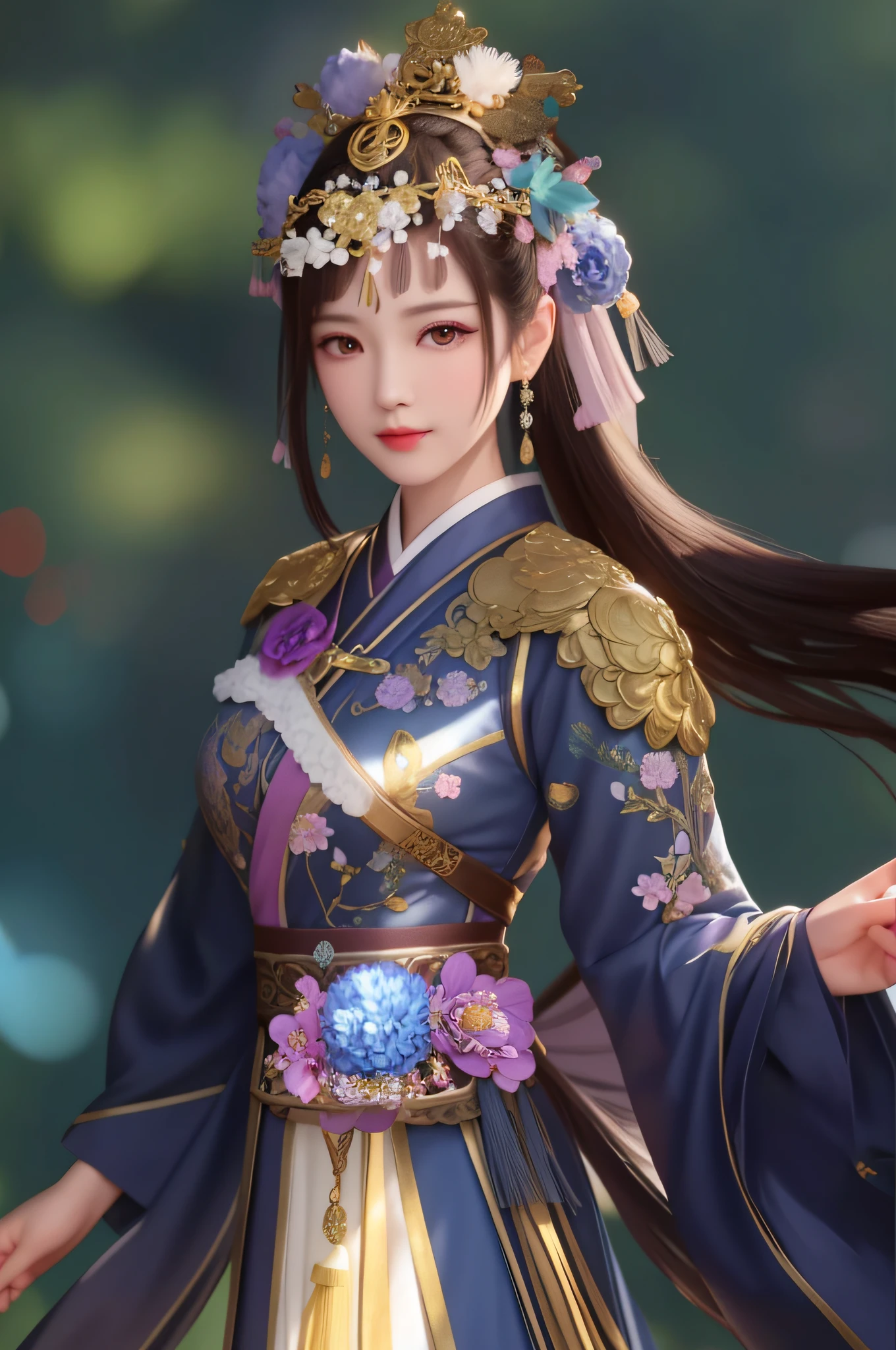 best quality, masterpiece,most of the body,(background:Garden),1 girl, mature woman, chinese style, ancient china, sister, dancer, dark brown hair, dark hair, princess cut, a Fried Dough Twists braid, coiled hair, double ball head,Coiled hair,streamers, light pink lips, calm, intellectual,Purple eyes, tassels, silver thread, beads,peony flowers, gowns, capes, silk skirts, embroidery, fine face, facial close-up,Light-colored clothes,Beautiful face,photorealistic, rim lighting, two tone lighting,(high detailed skin:1.2), 8k uhd, dslr,soft lighting, high quality, Photograph, high resolution, 4k, 8k, Bokeh
