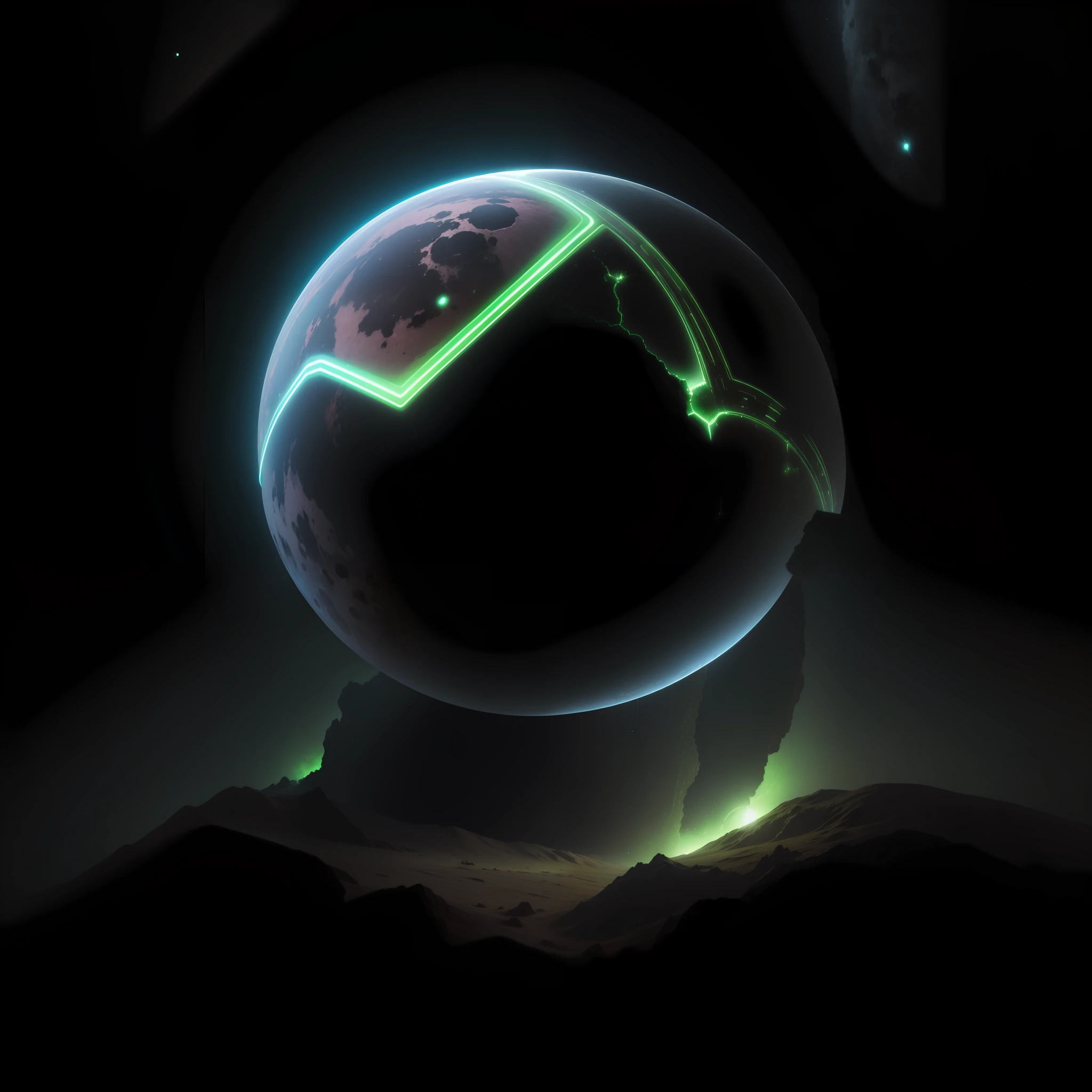 scene of a spaceship crash site, the space ship has neon green lights, pink hearts floating in the sky, lunar eclipse in the sky