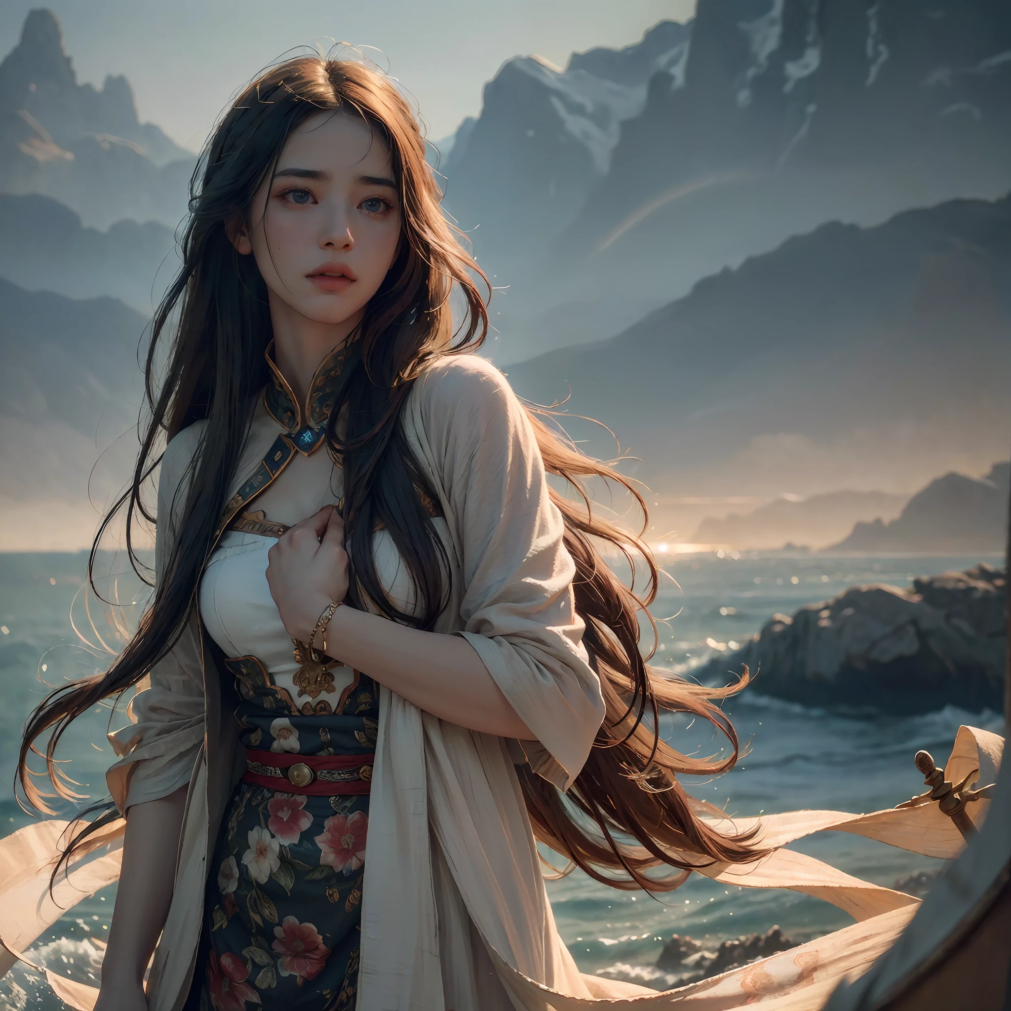 (RAW photo, best quality), (realistic, photo-realistic:1.3),best quality,highly detailed,masterpiece,ultra-detailed,illustration,1girl,upper_body,dynamic angle,world masterpiece theater,messy_long_hair,best quality,extremely detailed CG unity 8k wallpaper,ink,Amazing,cinematic lighting,lens_flare,,dunhuang_style