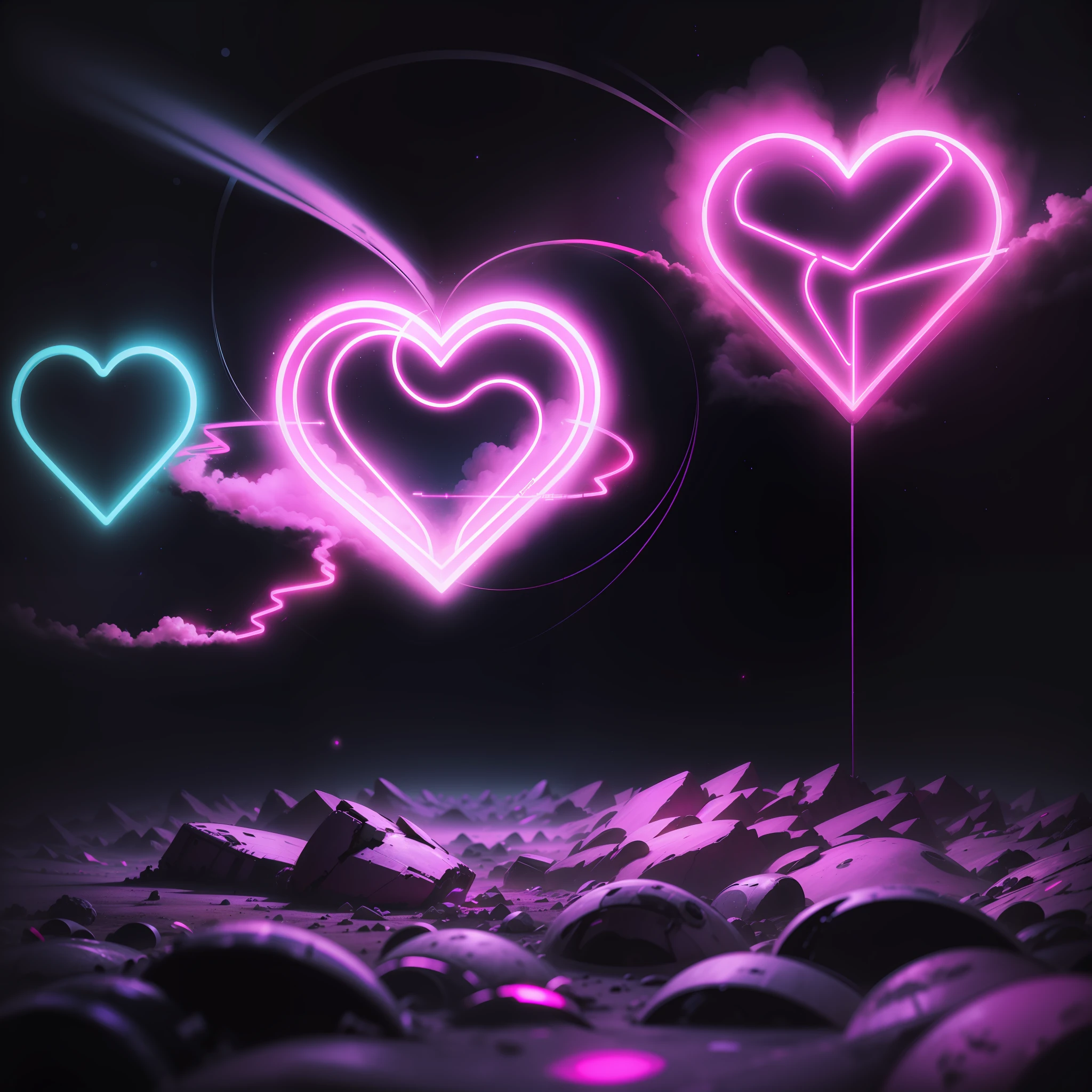 spaceship crash site, glowing pink neon hearts in the air, smoking, futuristic, cyber