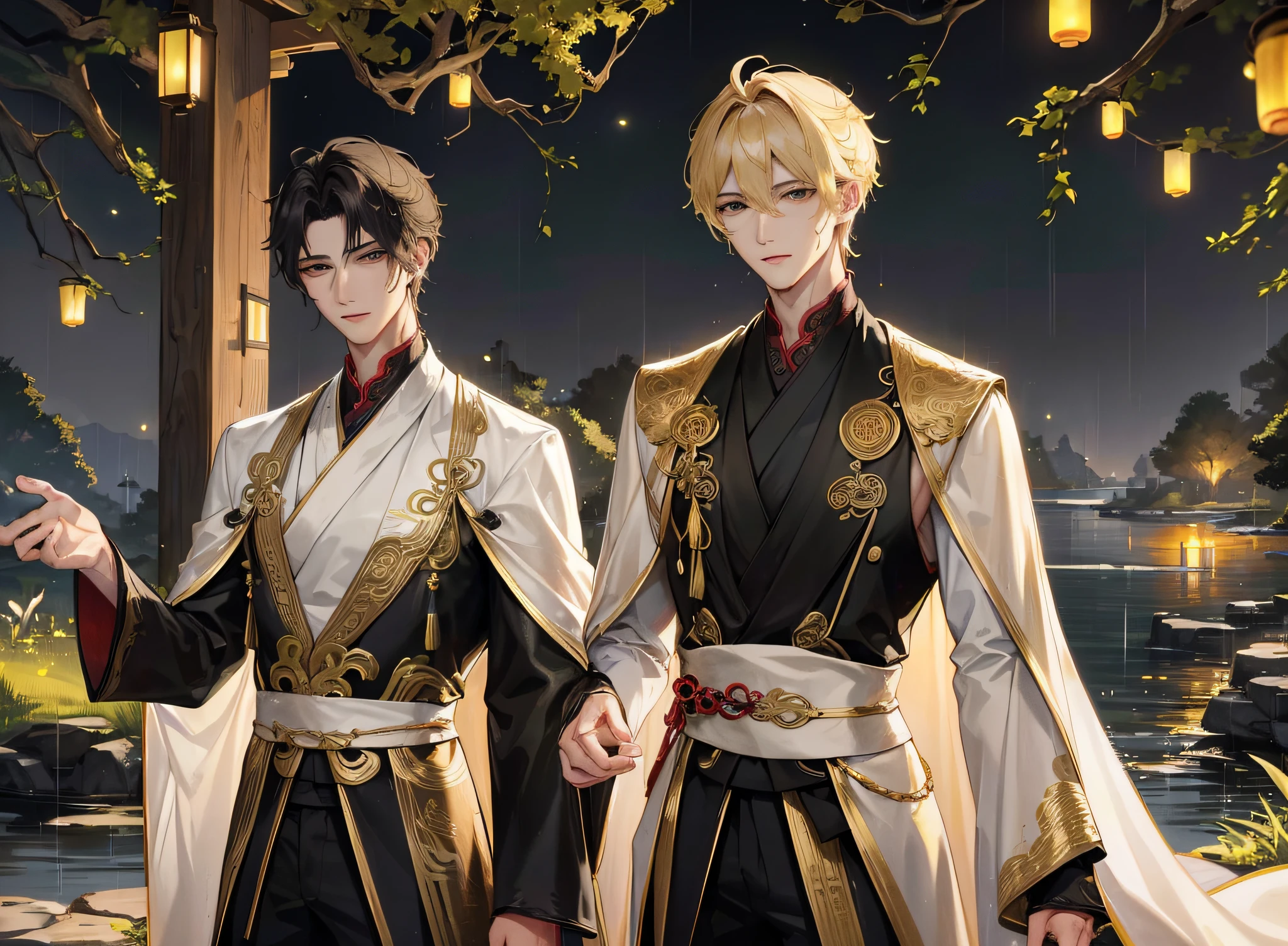 Masterpiece, superlative, outdoor night full moon, lakeside garden branches, fireflies, 1 male Chinese style, ancient Chinese short blonde hair, black eyes, handsome, masculine, gentle, tall and calm, black and gold mixed dragon pattern prince, delicate facial features and facial features on rainy days