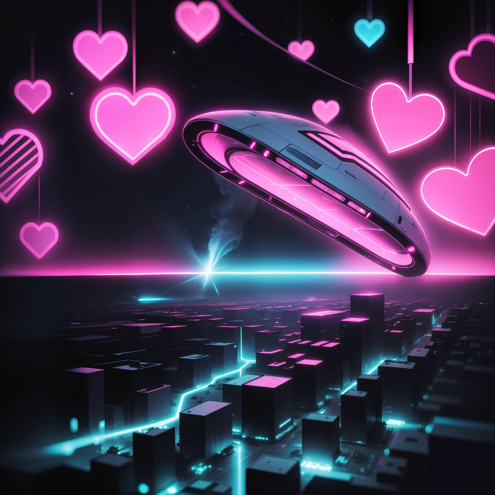 spaceship crash site, glowing pink neon hearts in the air, smoking, futuristic, cyber