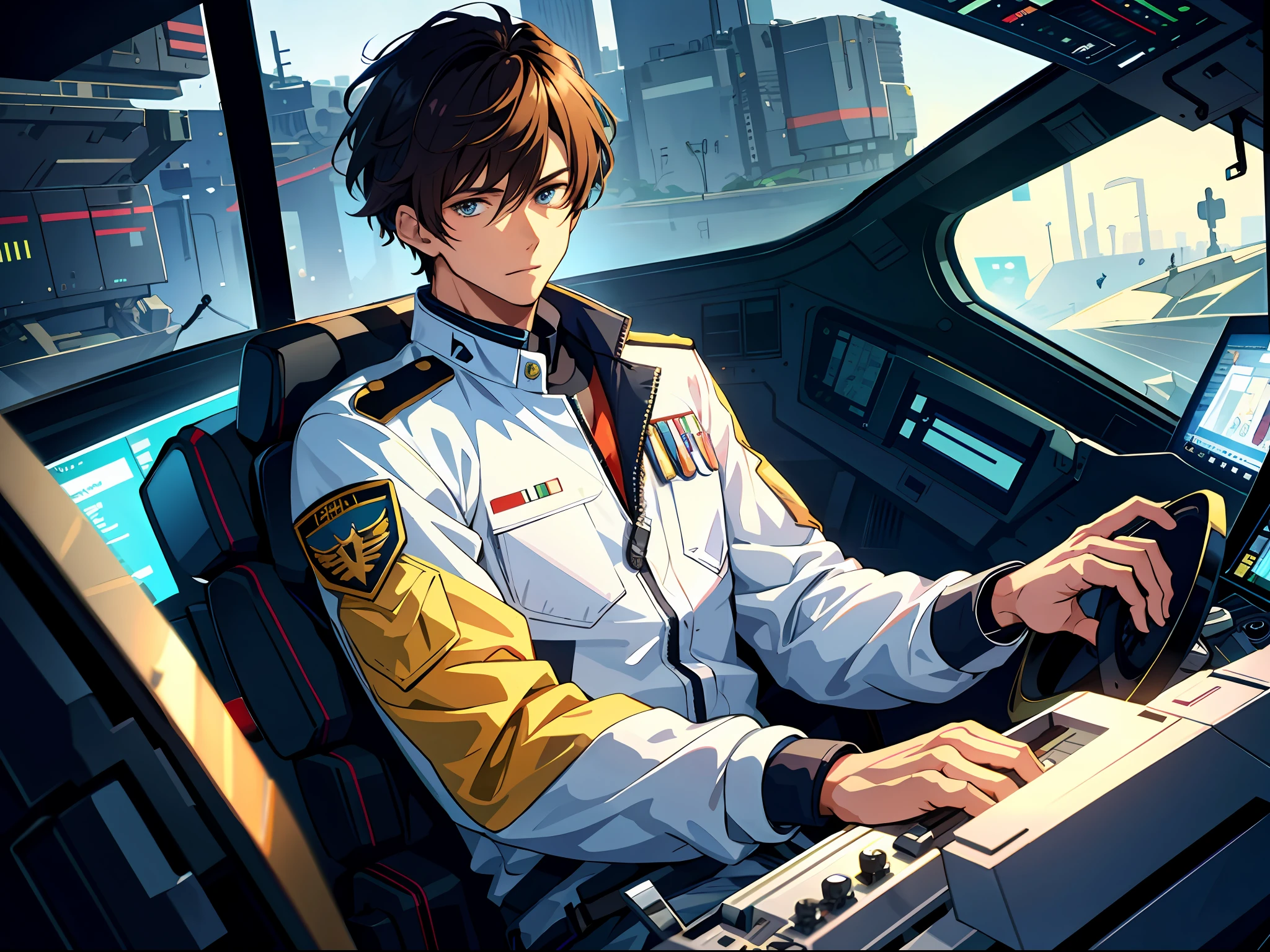 High resolution, highest quality, illustrations, super detail, a handsome young man sitting in the cockpit of a mecha, in front of his eyes is a virtual monitor, wearing a white combat uniform