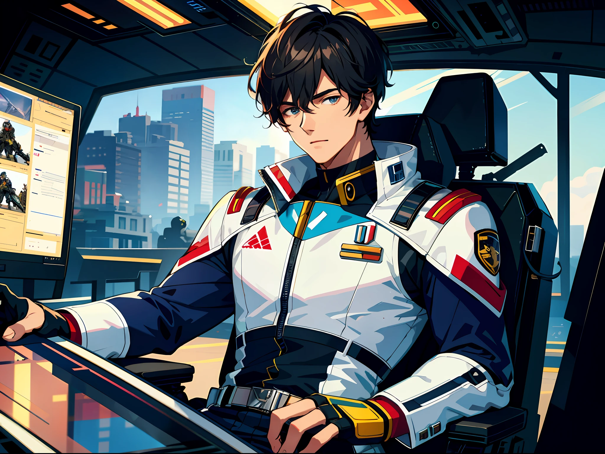 High resolution, highest quality, illustrations, super detail, a handsome young man sitting in the cockpit of a mecha, in front of his eyes is a virtual monitor, wearing a white combat uniform