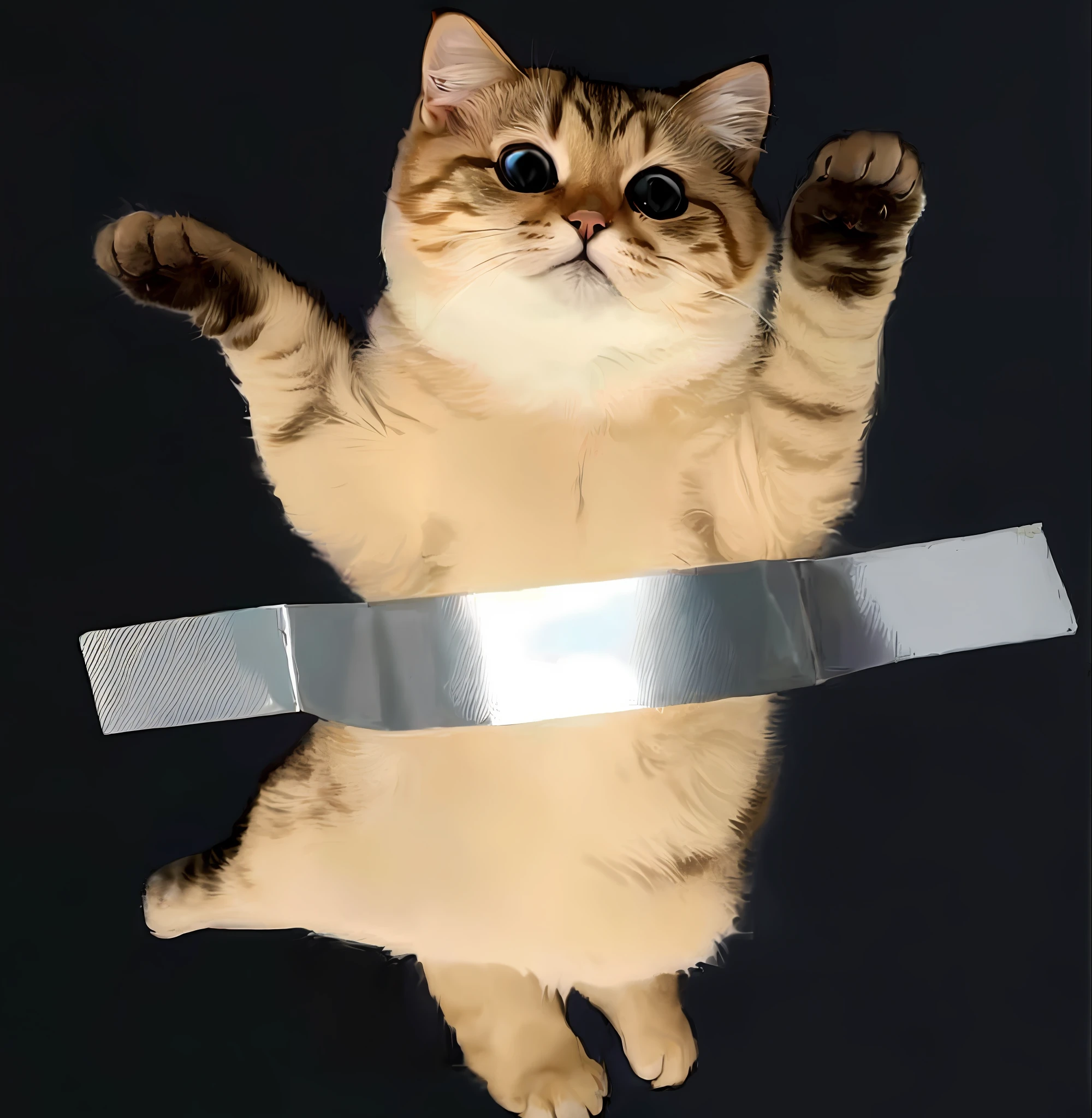 Araki cat with tape hanging from the neck and under its eyes, cat from the void, whole cat body, cat summoning spaceship, cat floating in the air, [realistic photo] !!, a cat, funny cat,!!!! Cats!!!!, cats in space, cat masterpieces, fat cats, ninja cats, 🐋 just like 🐘 🤖 👽 🐳