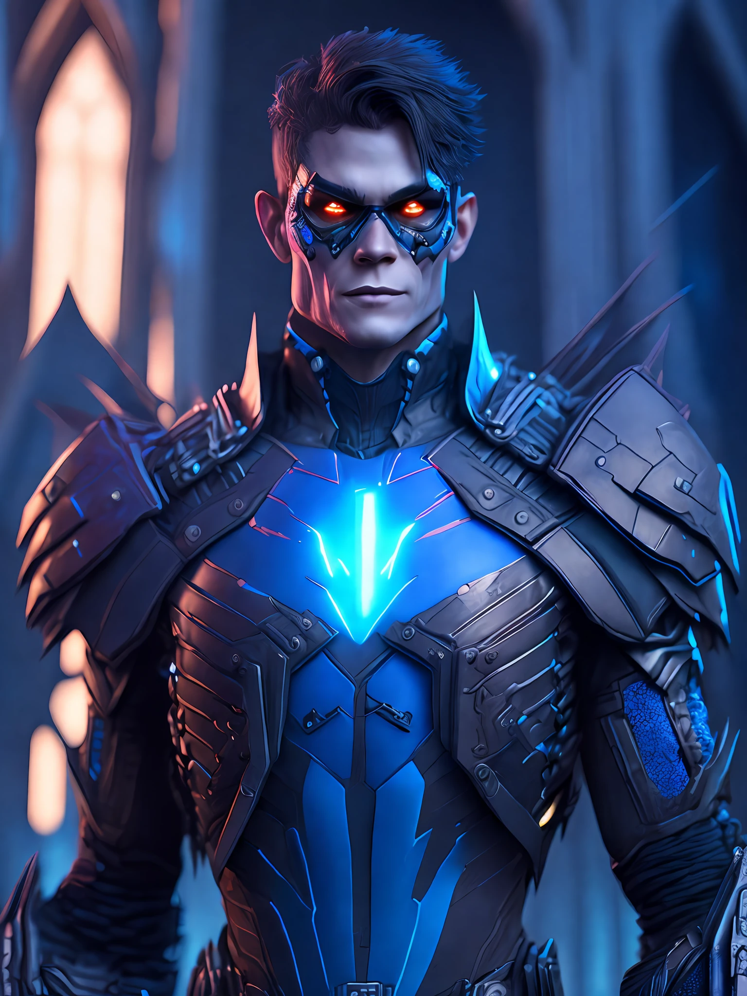 Portrait, Zombie Nightwing from DC, biomechanical, complex robot, full growth, hyper-realistic, insane small details, extremely clean lines, cyberpunk aesthetic, masterpiece unveiled at Zbrush Central, gothic brutalist cathedral, cyberpunk, award-winning photo, bokeh, neon lights, cybernetic limb