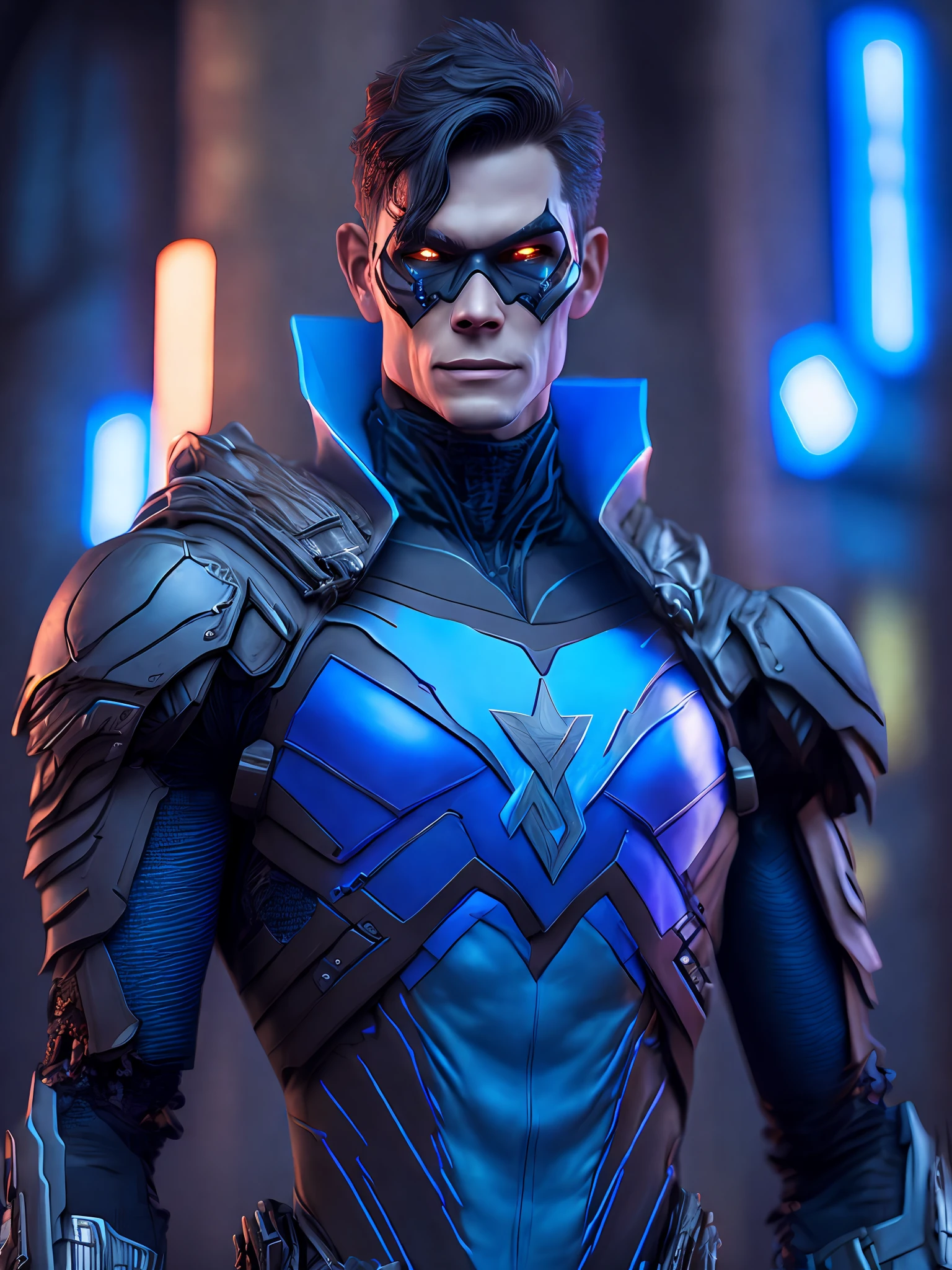 Portrait, Zombie Nightwing from DC, biomechanical, complex robot, full growth, hyper-realistic, insane small details, extremely clean lines, cyberpunk aesthetic, masterpiece unveiled at Zbrush Central, gothic brutalist cathedral, cyberpunk, award-winning photo, bokeh, neon lights, cybernetic limb