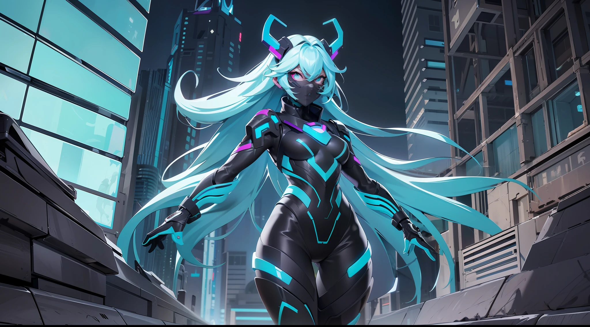 full body picture Unreal Engine 5 8K UHD of a beautiful adult girl, long cyan hair, wearing futuristic black tight battle suit, futuristic half face mask, cyan light details, fighting with a beautiful adult girl, short white hair, wearing futuristic black tight battle suit, futuristic tight mask, futuristic neck collar, purple light details, evil face, best quality, masterpiece