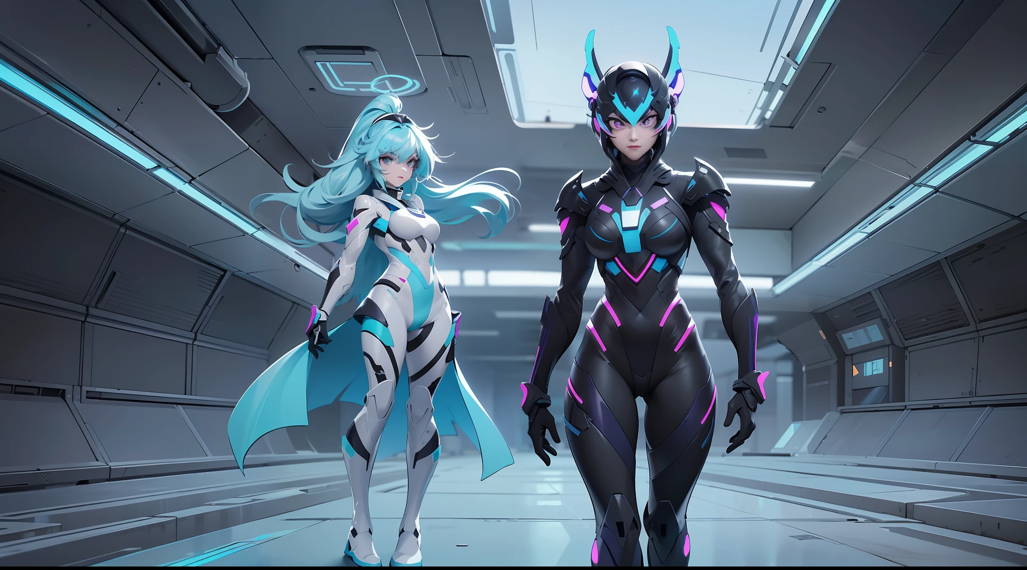 full body picture Unreal Engine 5 8K UHD of a beautiful adult girl, long cyan hair, wearing futuristic black tight battle suit, futuristic half face mask, cyan light details, fighting with a beautiful adult girl, short white hair, wearing futuristic black tight battle suit, futuristic tight mask, futuristic neck collar, purple light details, evil face, best quality, masterpiece