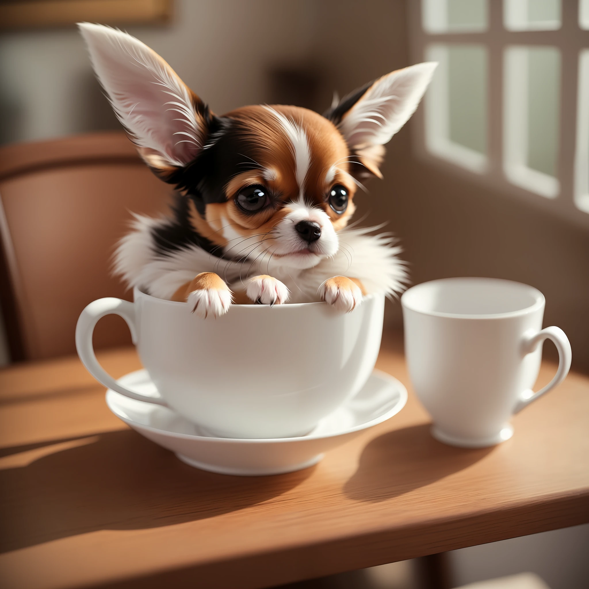 Cute little dog long coat Chihuahua in teacup, big eyes, 8k, delicate, clear, ((real)), has its paws sticking out of the teacup, sticks out its tongue, ((cute)), ((small)), professional photographer, professional photography, (((fur is fluffy))), antique teacup, (face sticking out of teacup), coffee shop, indoors, sunlight, Light leaks, photogenic reality --auto --s2