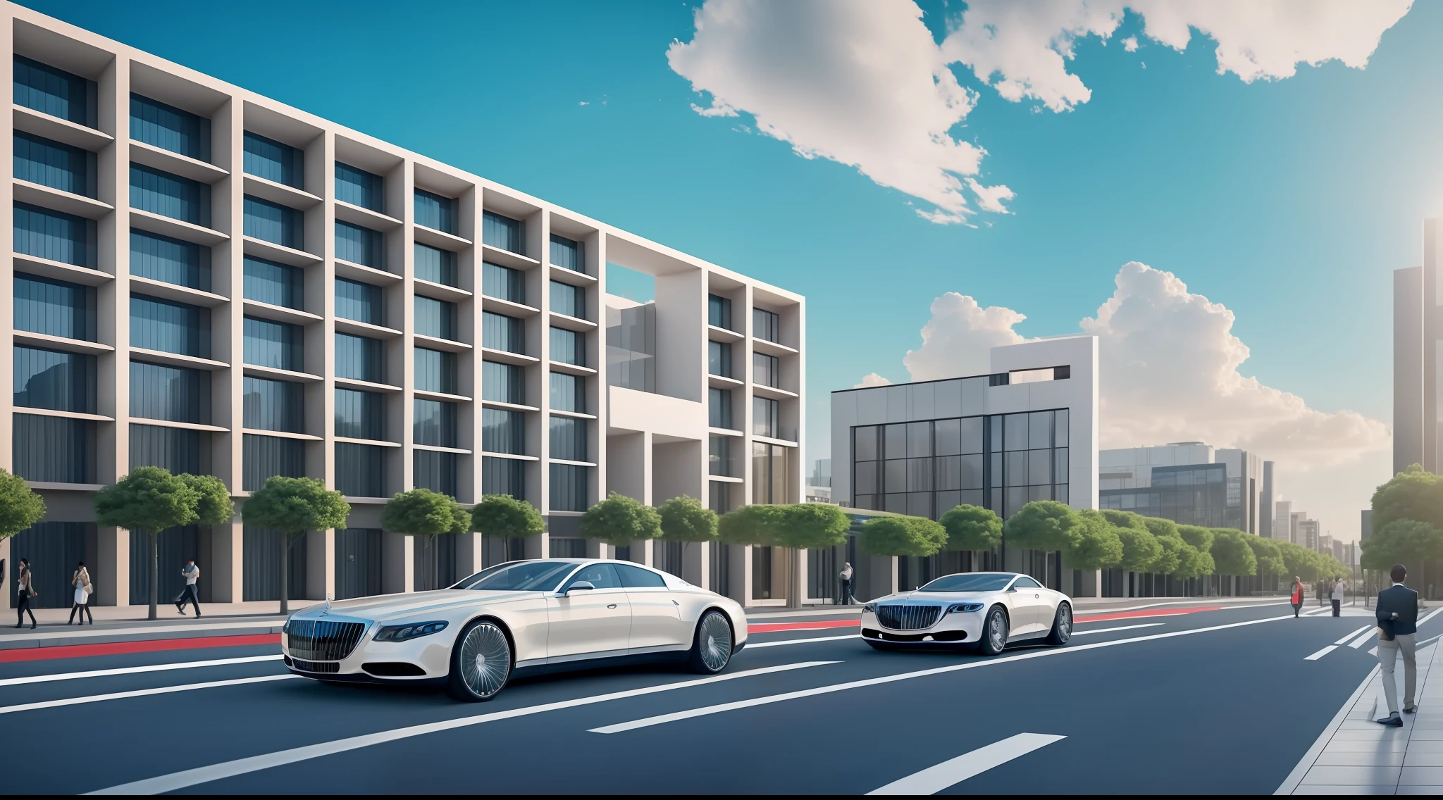 The camera slowly zooms in, revealing the exterior of a tall building, with Maybach stopping in the doorway. High-rise building exterior: including details such as the shape, color, and windows of the building. Maybach: The brand and color of the car. Parking gates: Includes details such as building entrances and parking spaces. Street View: Surrounding elements such as roads, buildings, and pedestrians. Sky and clouds: can set off the atmosphere and time of the scene. Music: Add atmosphere and rhythm to your videos. --auto --s2