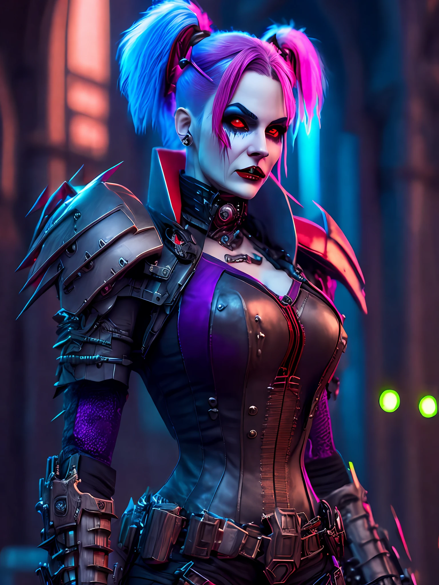 Portrait, Zombie Harley Quinn from DC, biomechanical, complex robot, full growth, hyper-realistic, insane small details, extremely clean lines, cyberpunk aesthetic, masterpiece unveiled at Zbrush Central, gothic brutalist cathedral, cyberpunk, award-winning photo, bokeh, neon lights, cybernetic limb
