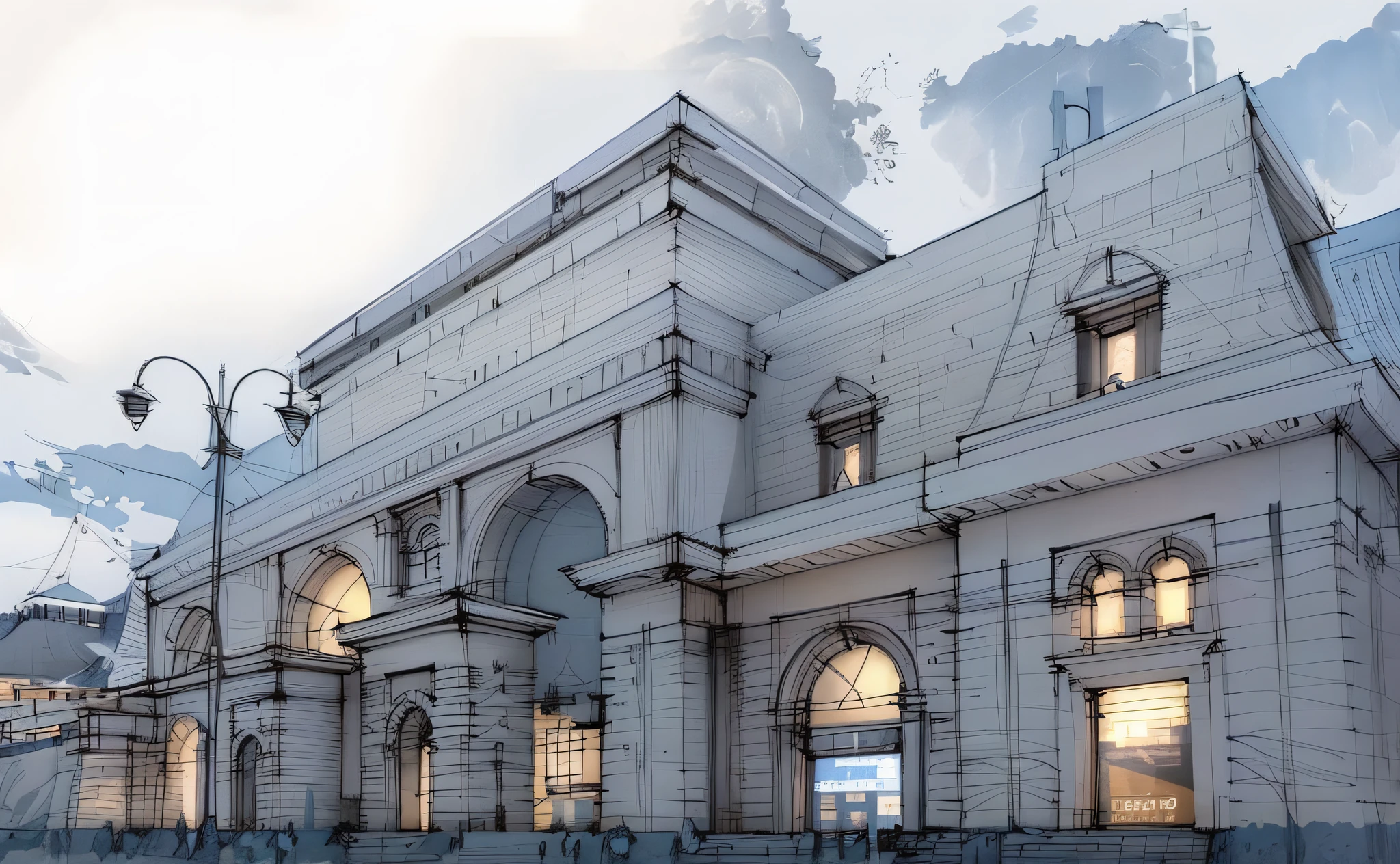 sketch, sketch, pen_sketch_style, Paveletsky railway station, the photo shows the station, the building, beautiful high resolution, the exterior of a huge beautiful station